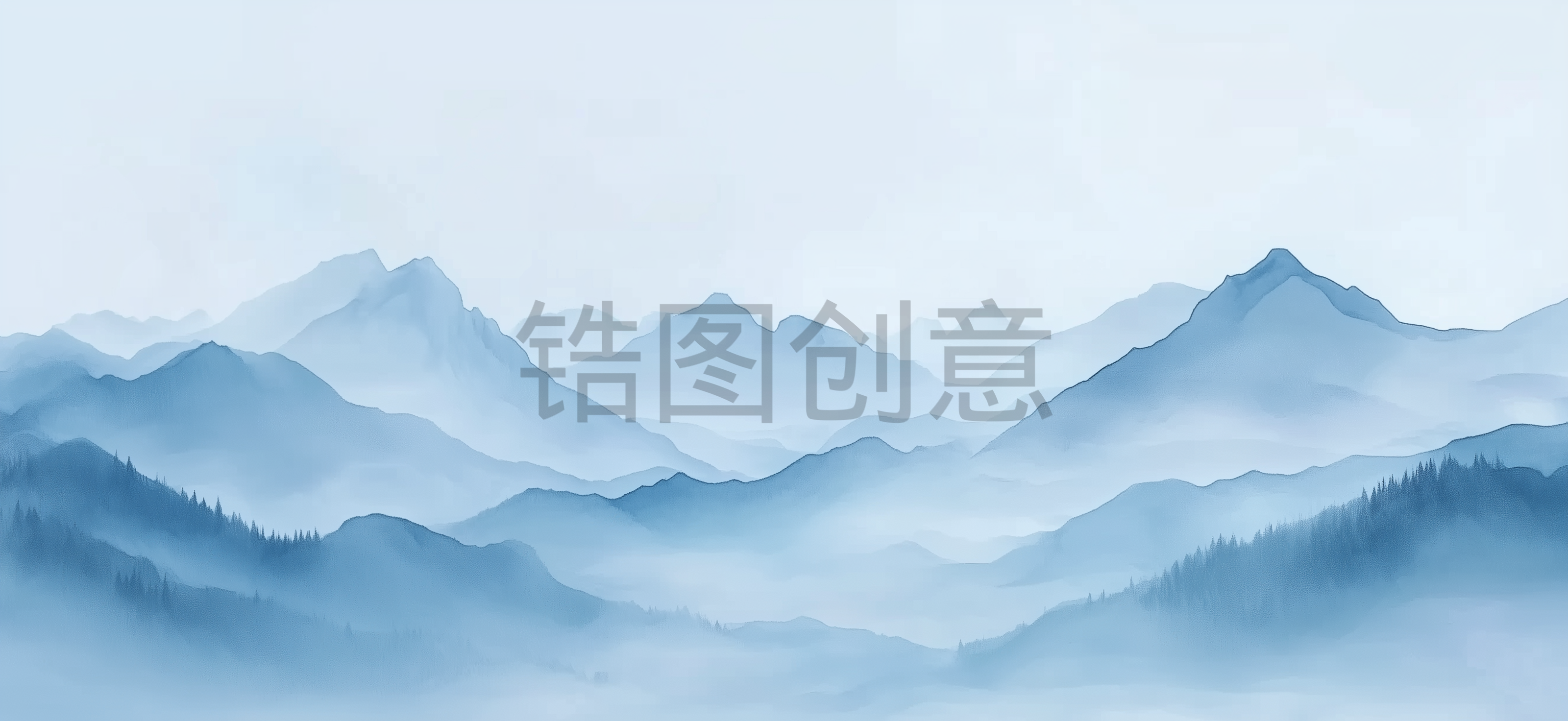 中国风古风浅蓝色山水云雾意境图片素材
