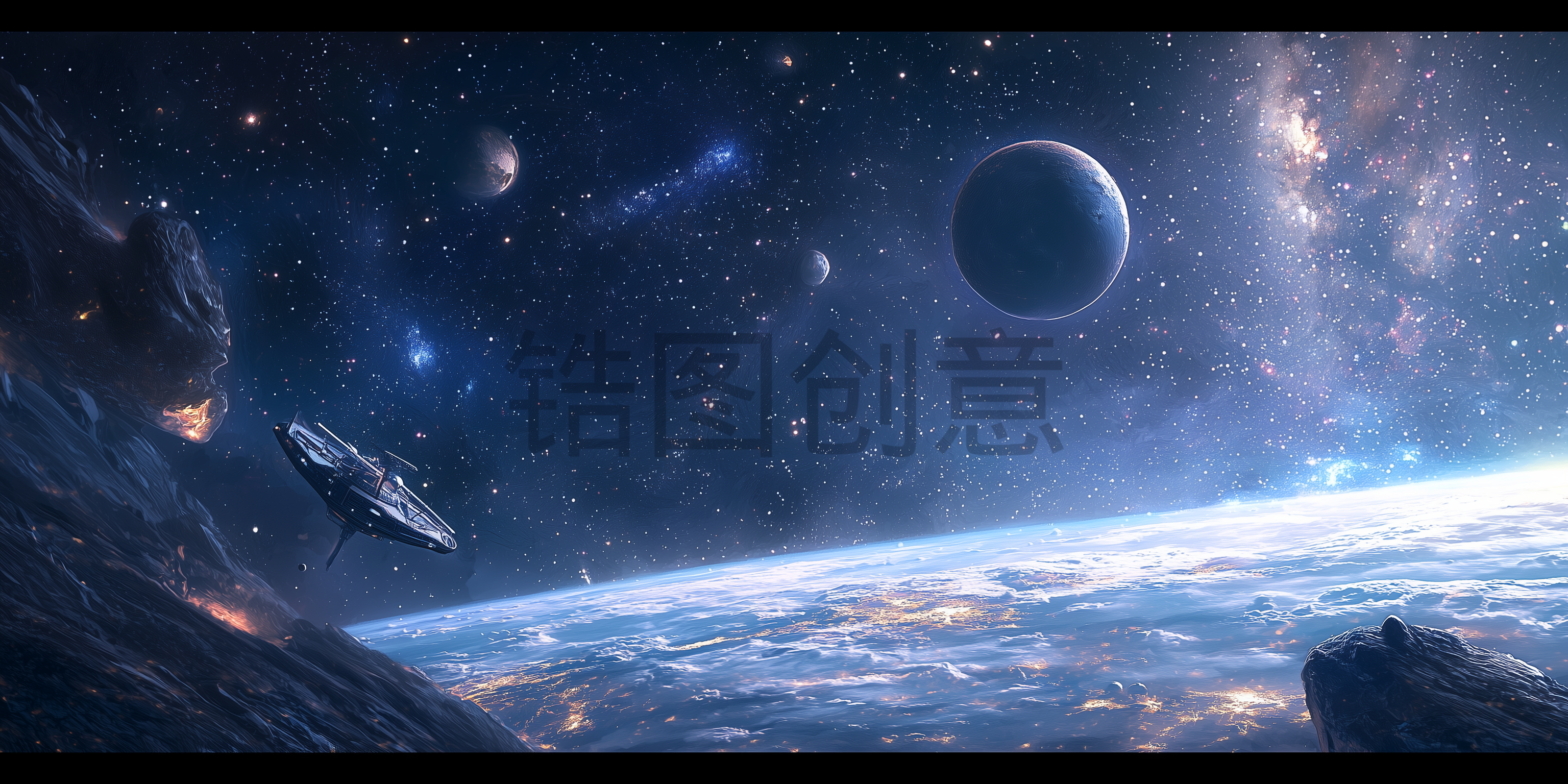 数字ai太空场景星空行星宇宙飞船未来科技感背景