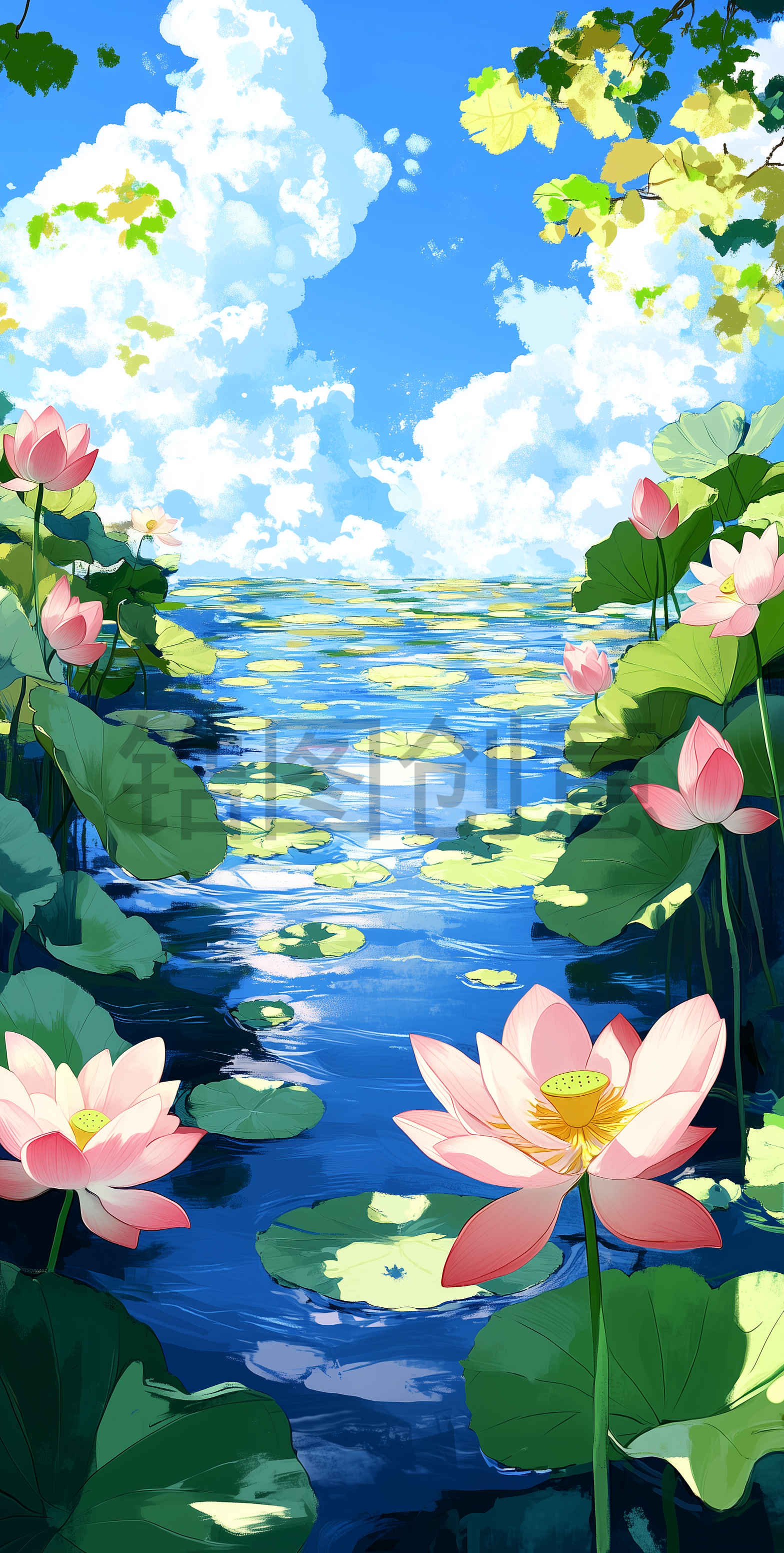 夏天夏季池塘里荷花绽放的场景插画背景