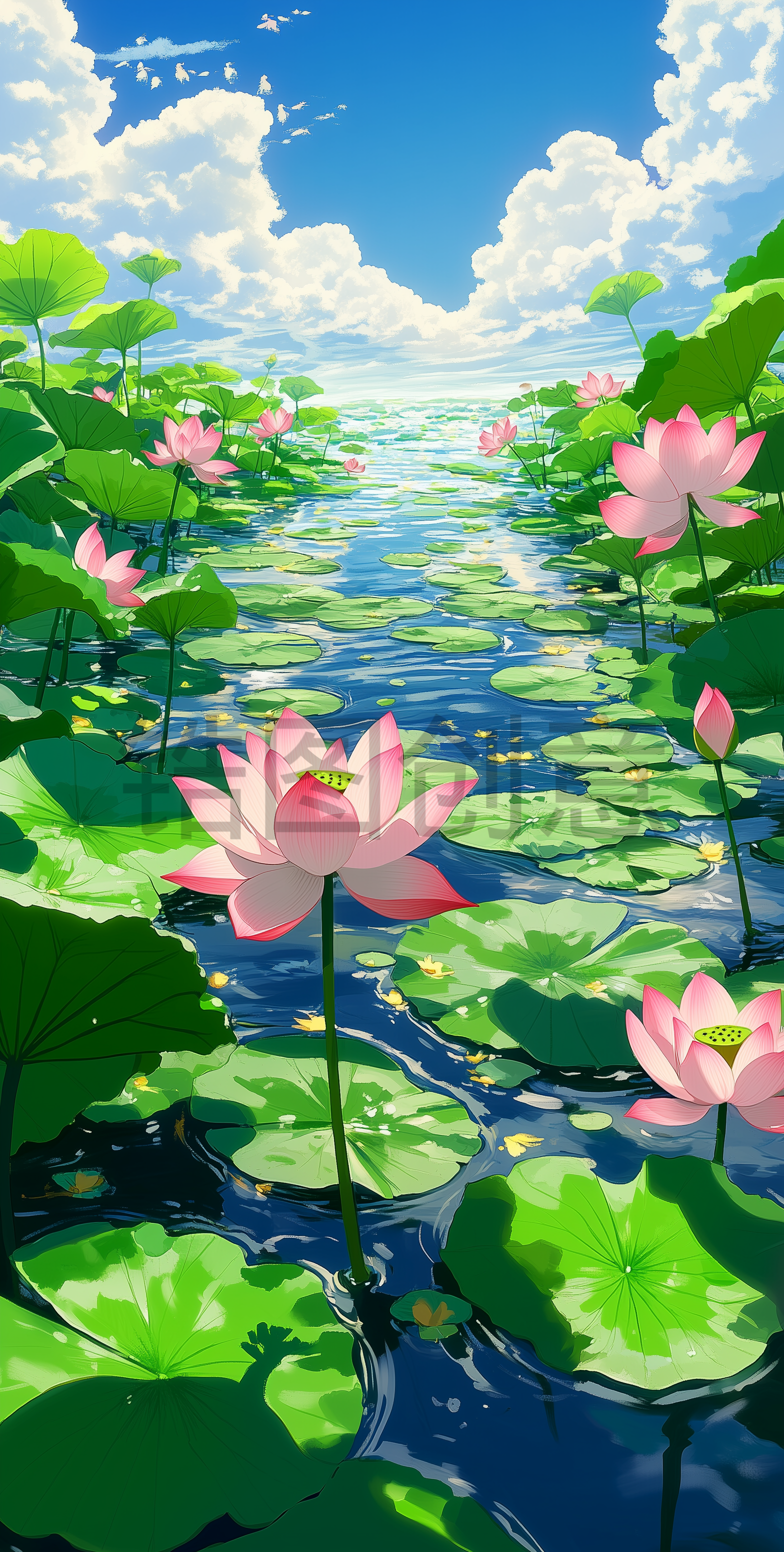 夏天池塘里荷花绽放的场景插画背景