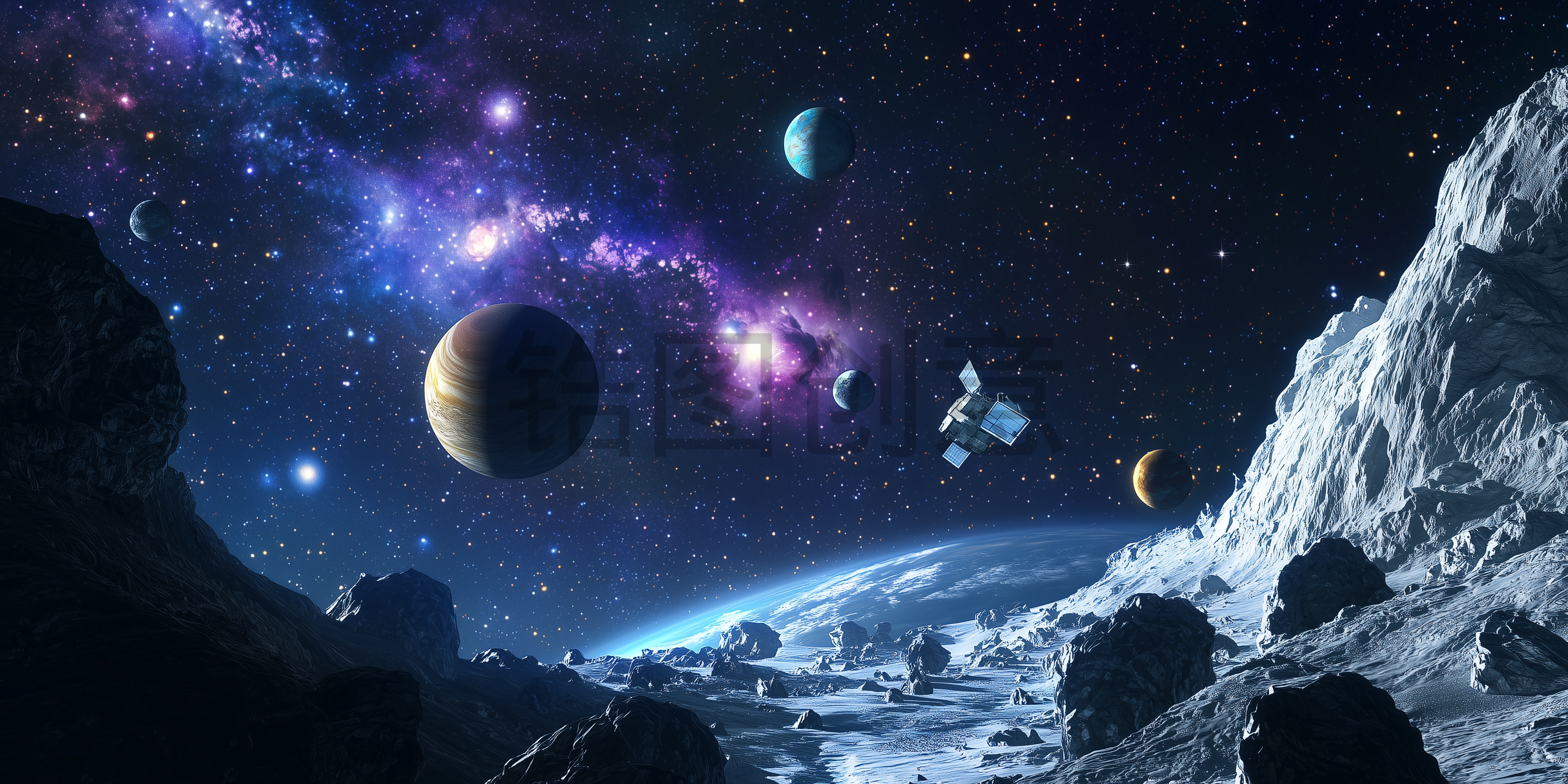数字ai太空场景星空行星宇宙飞船未来科技感背景
