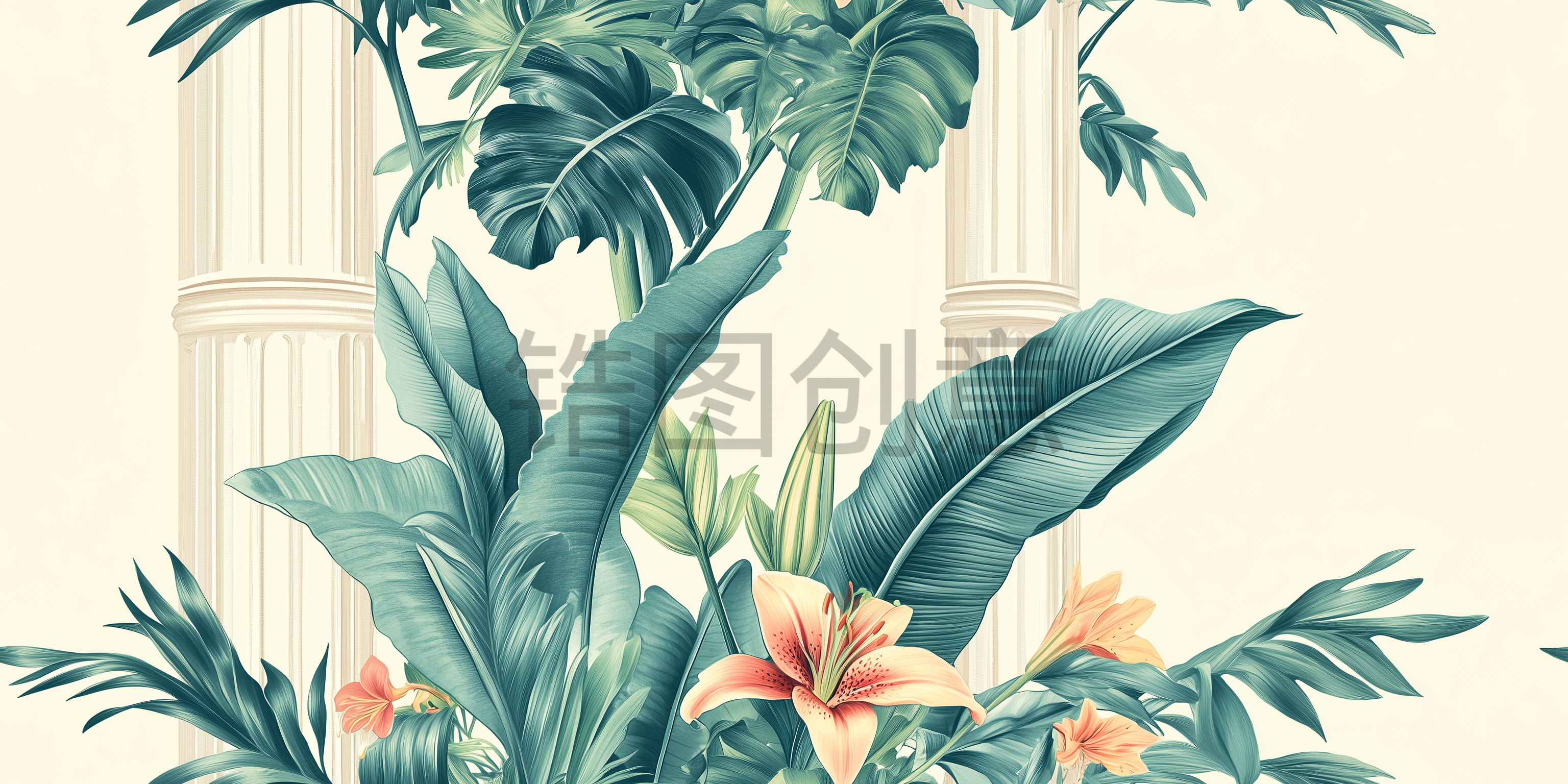 AI数字复古艺术叶子植物树叶花朵花纹背景