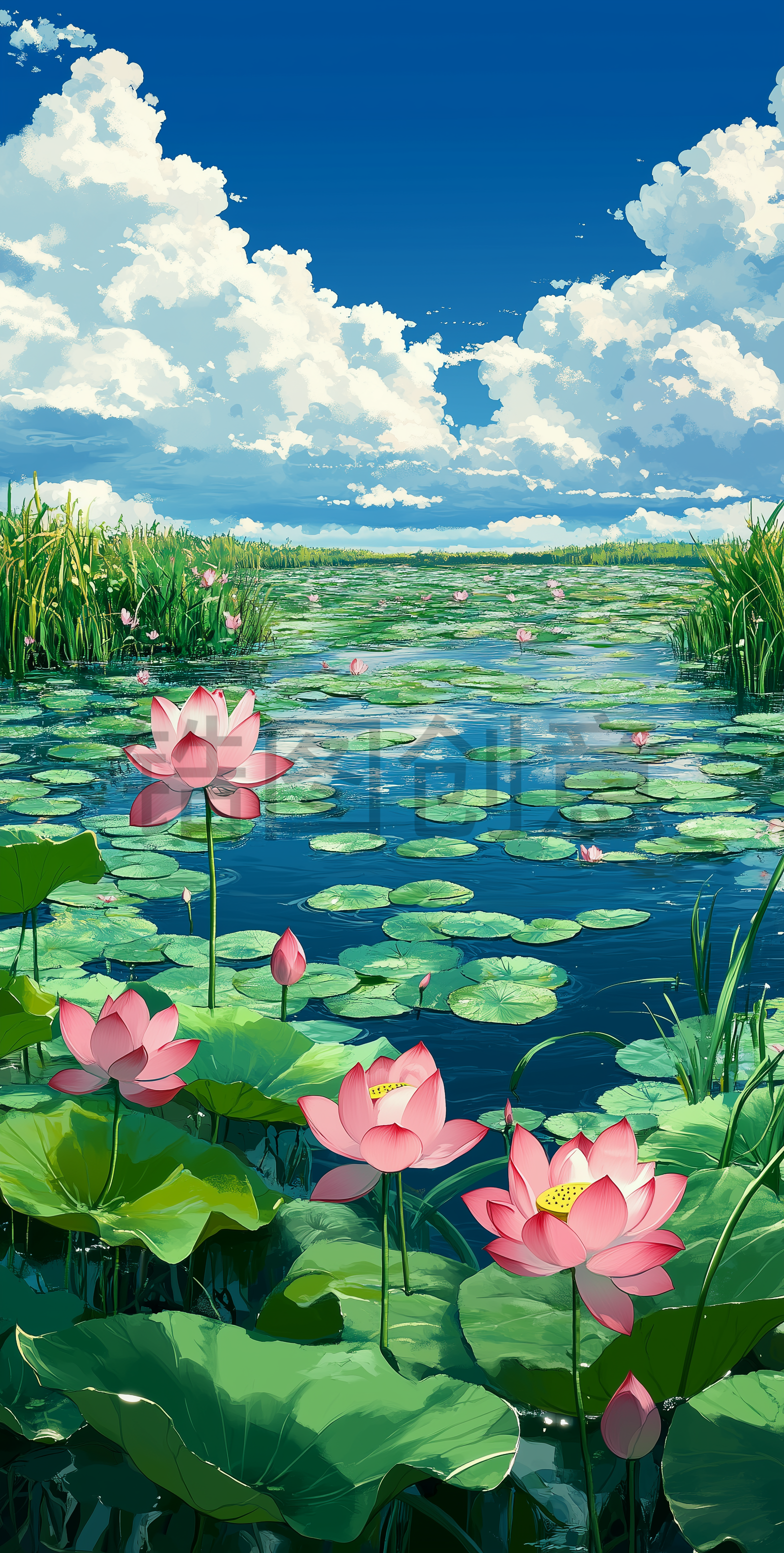 夏天池塘里荷花绽放的场景插画背景