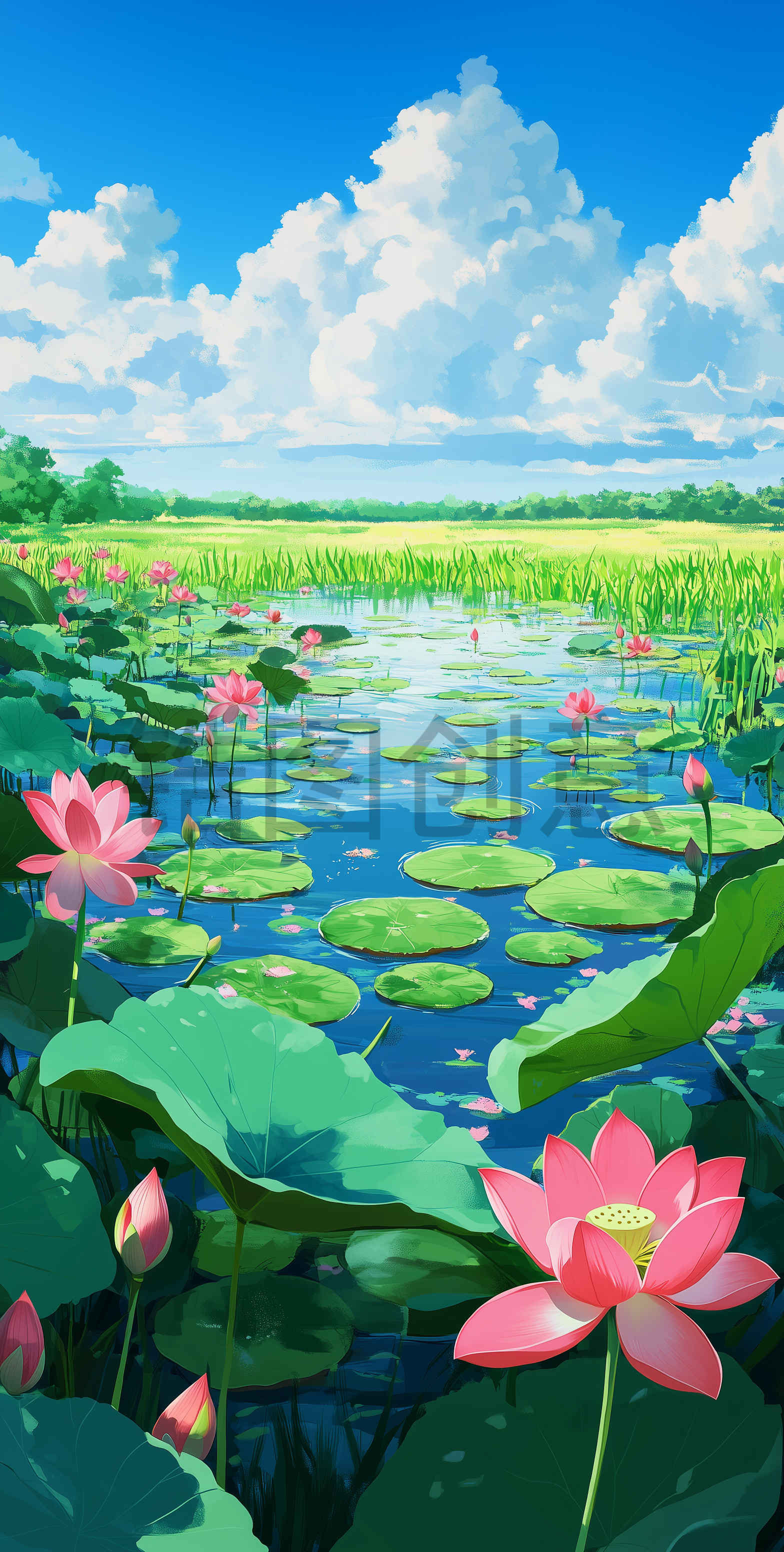 夏天池塘里荷花绽放的场景插画背景