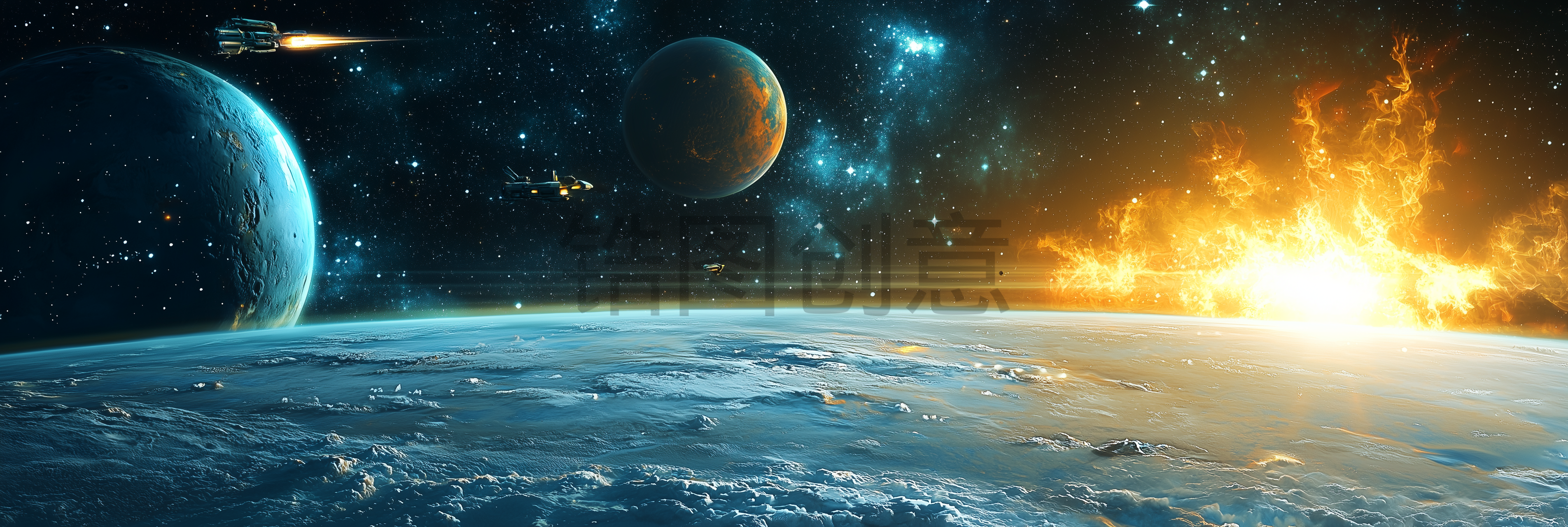数字ai太空场景星空行星宇宙飞船未来科技感背景