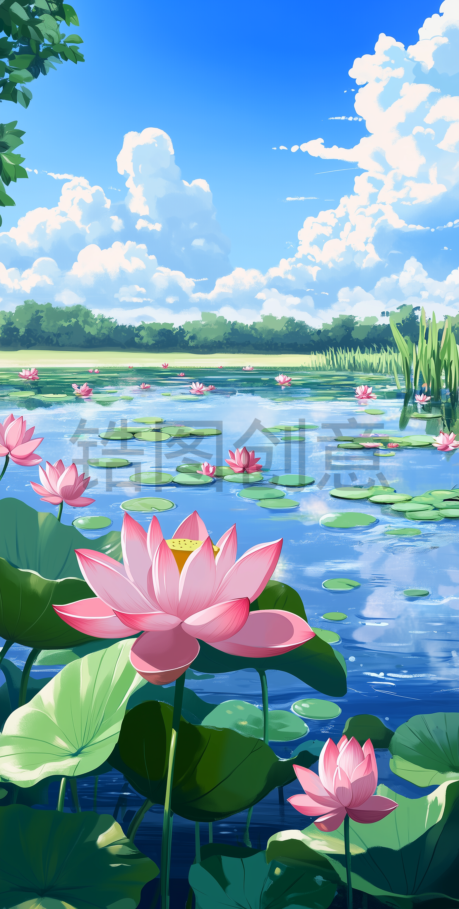 夏天立夏节气池塘里荷花绽放的场景插画背景