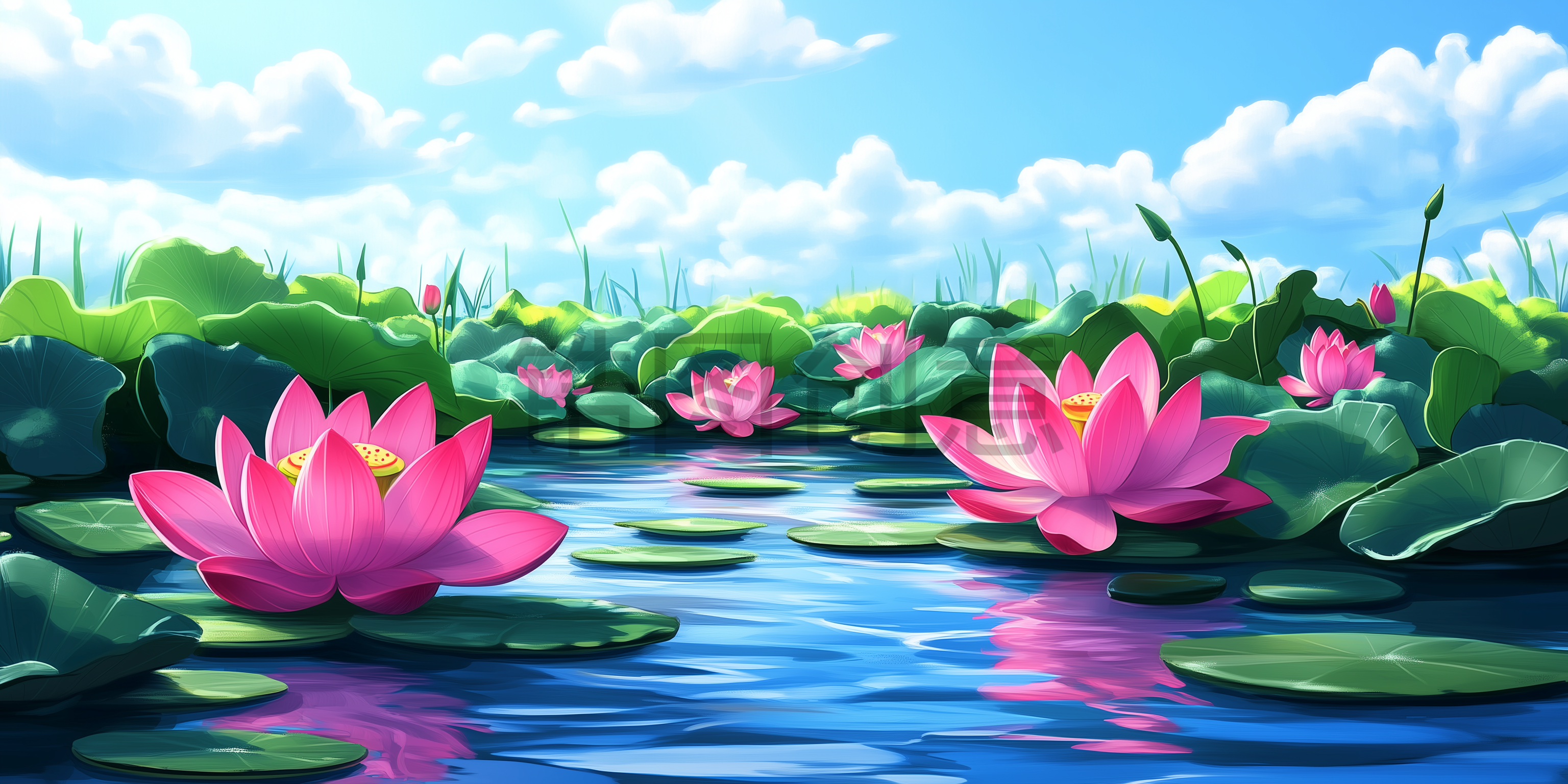 夏天夏季池塘里荷花绽放的场景插画背景