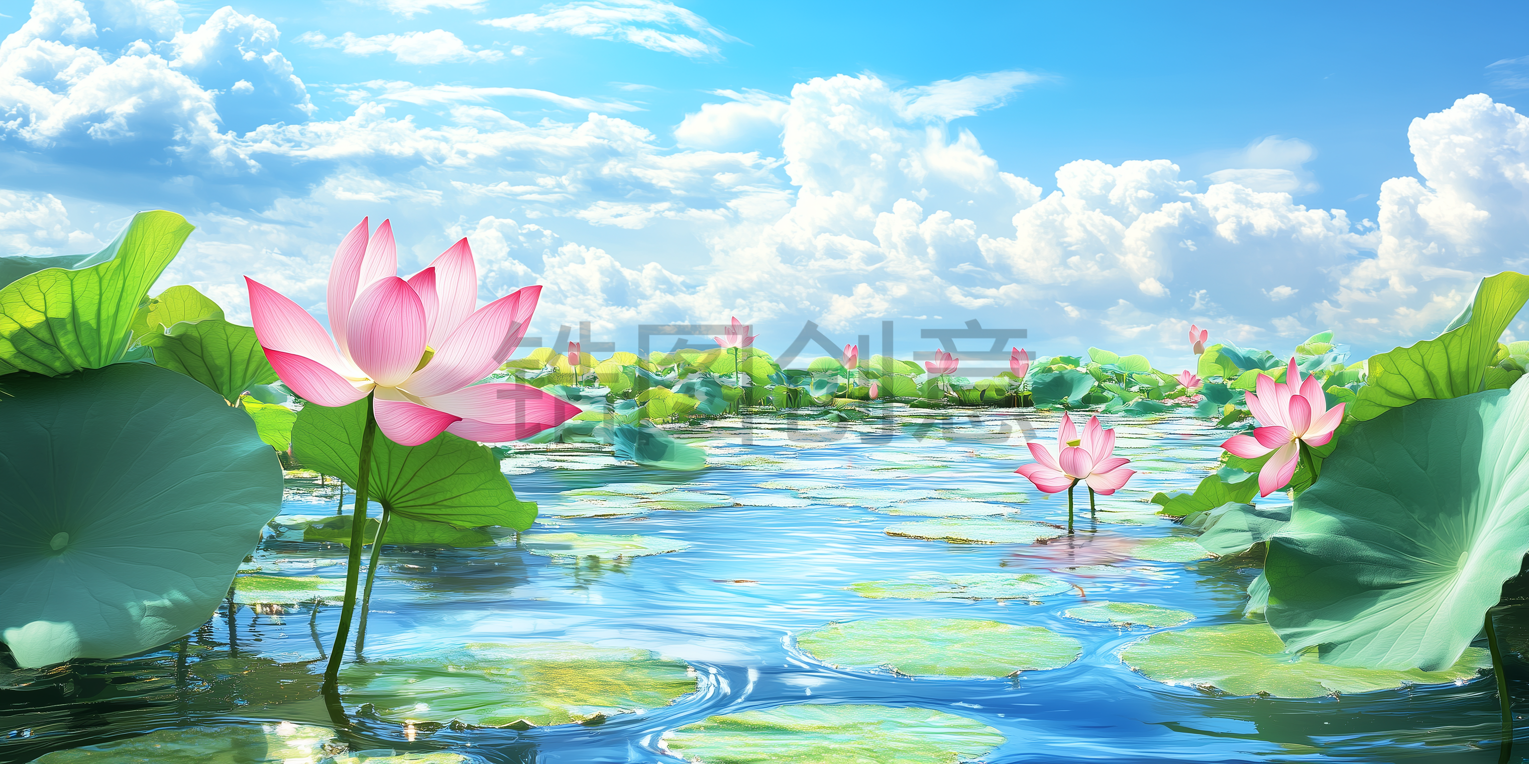 夏天池塘里荷花绽放的场景背景