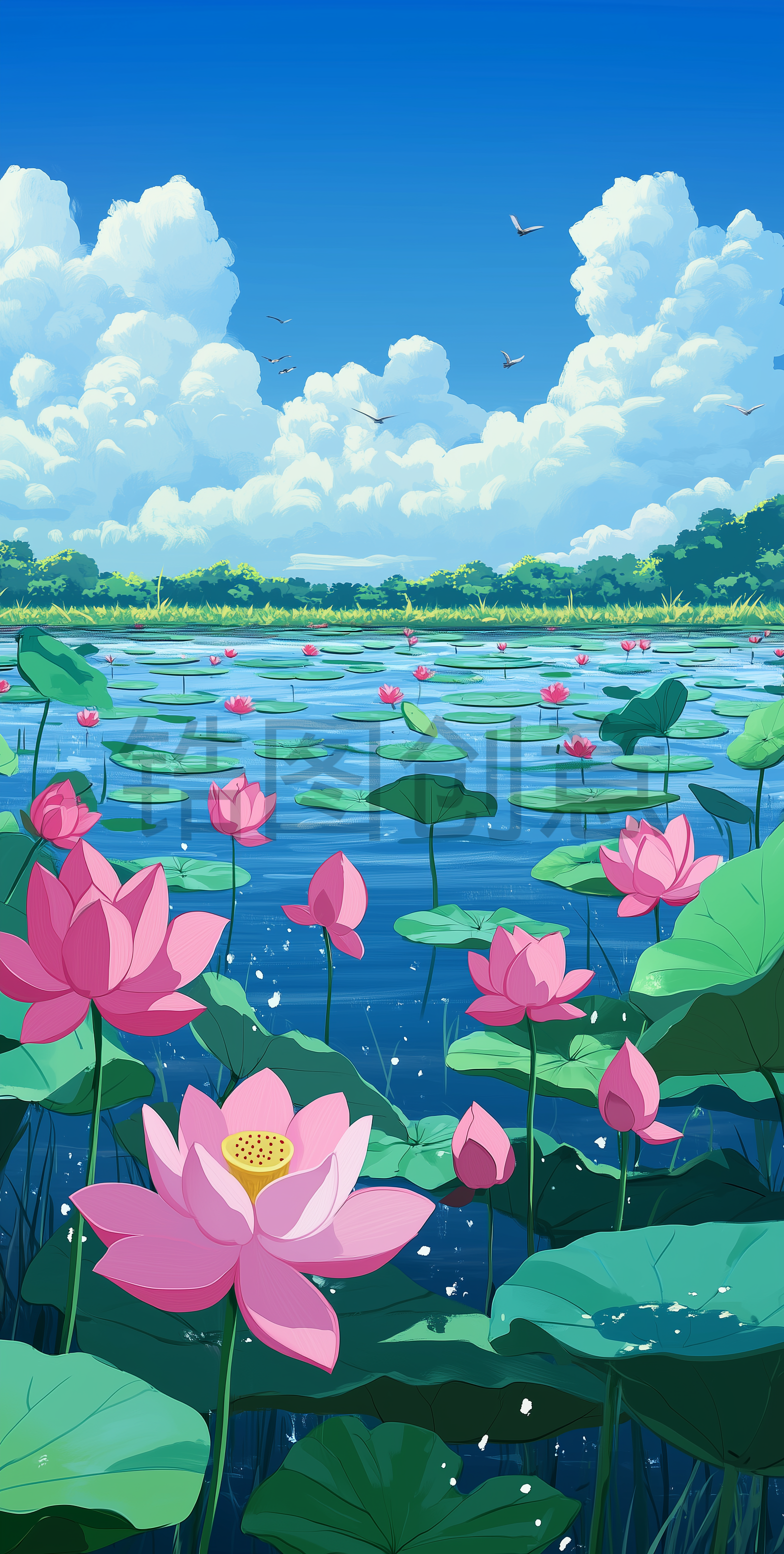 夏天池塘里荷花绽放的场景插画背景