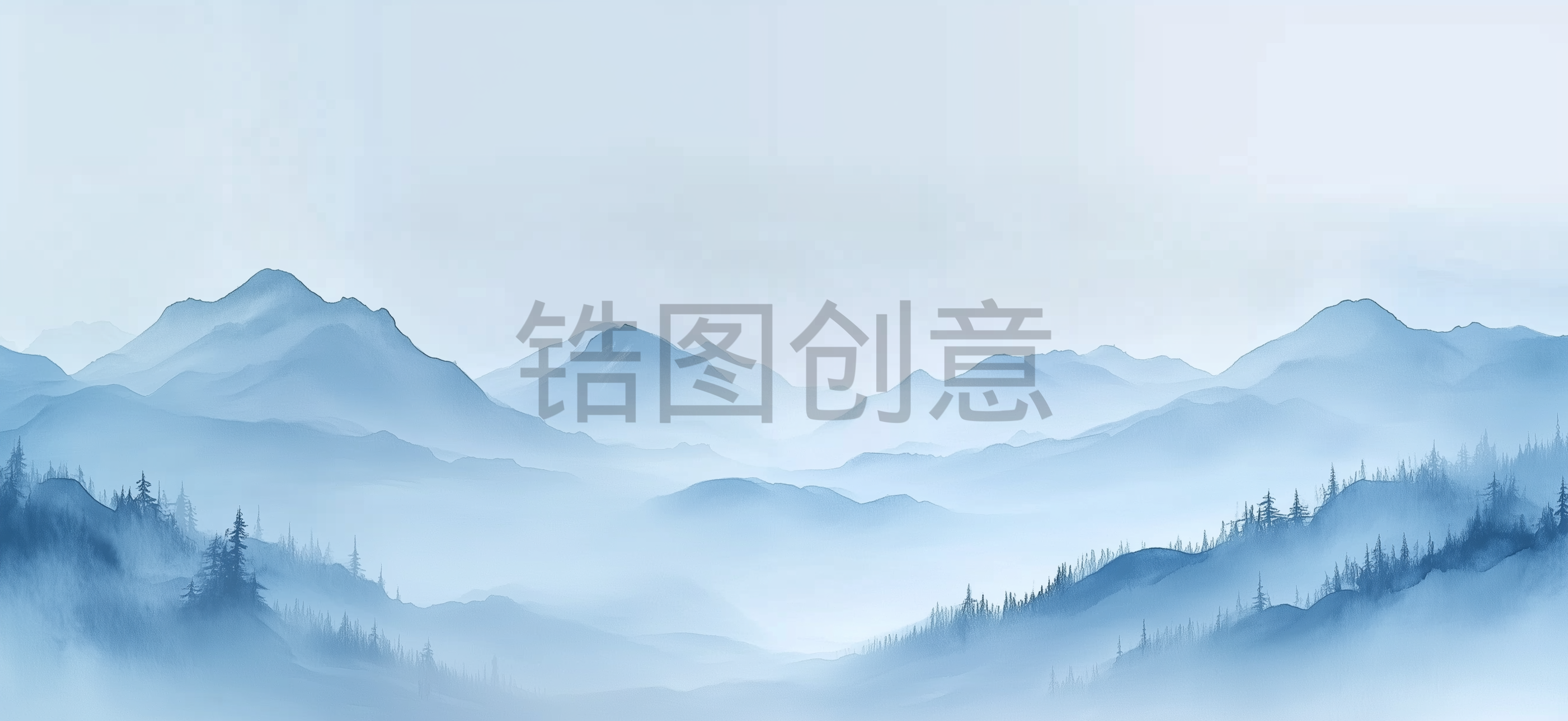 中国风古风浅蓝色山水云雾意境图片素材