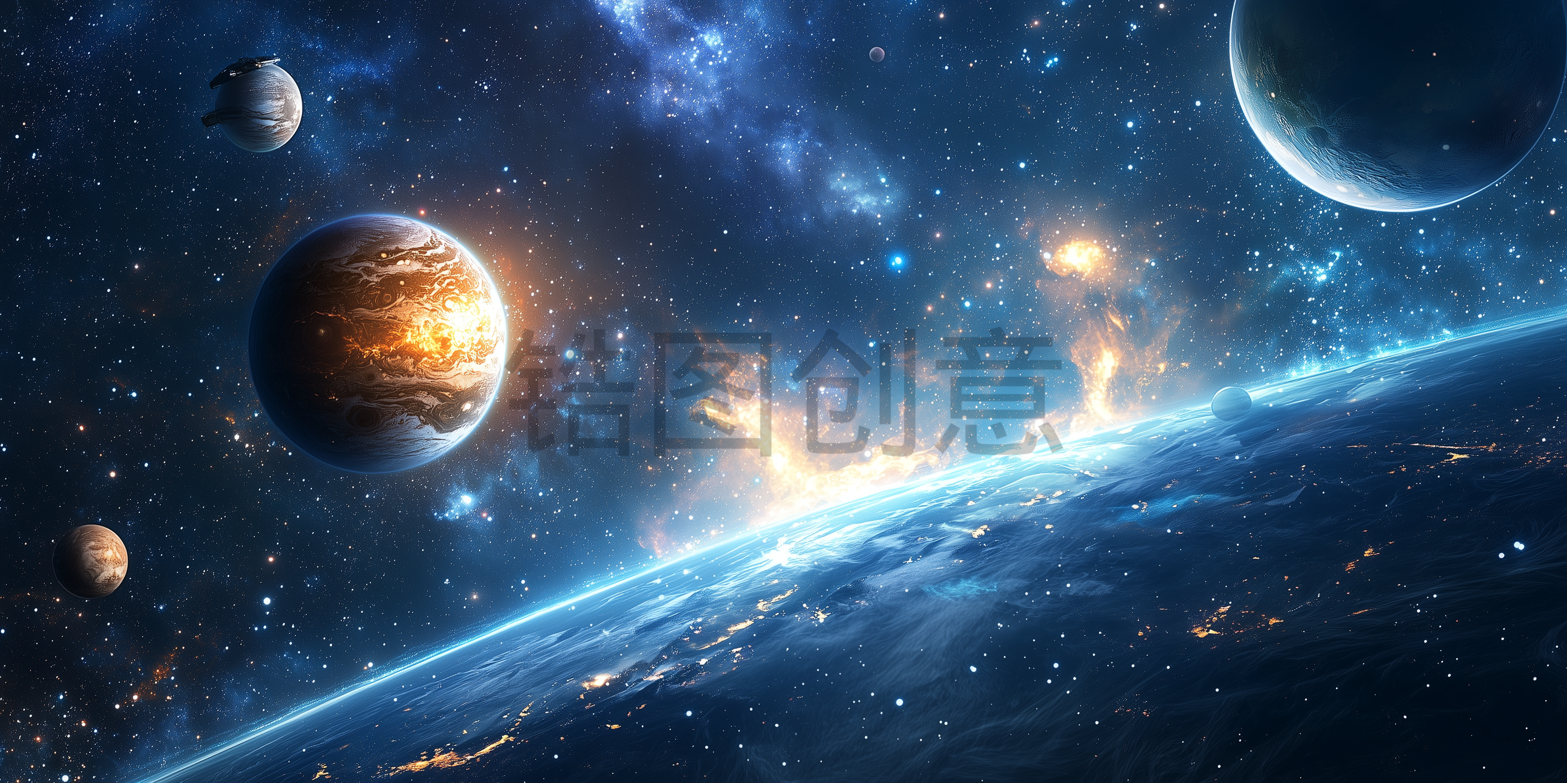 数字ai太空场景星空行星宇宙飞船未来科技感背景