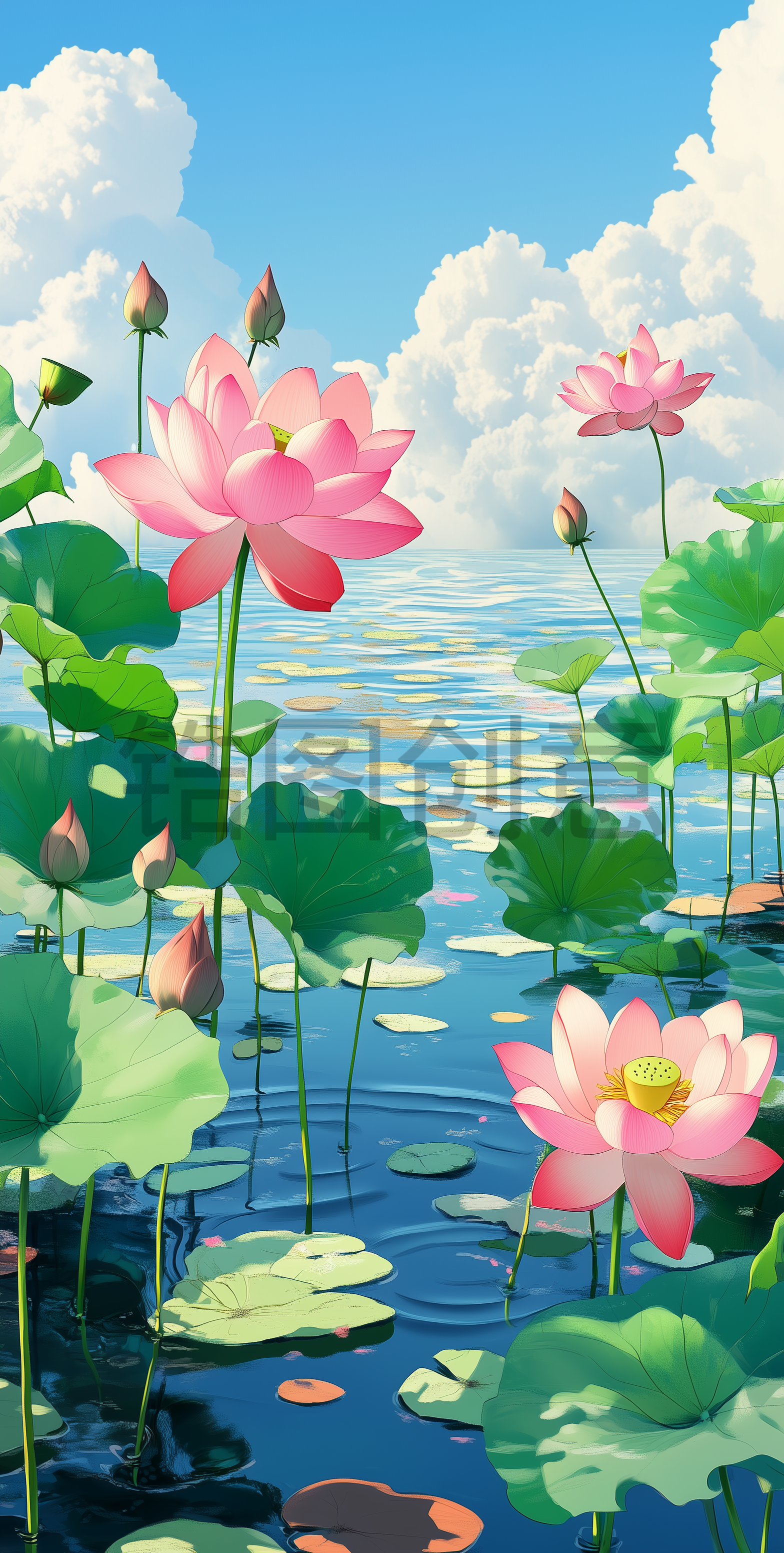 夏天立夏夏季池塘里荷花绽放的场景插画背景