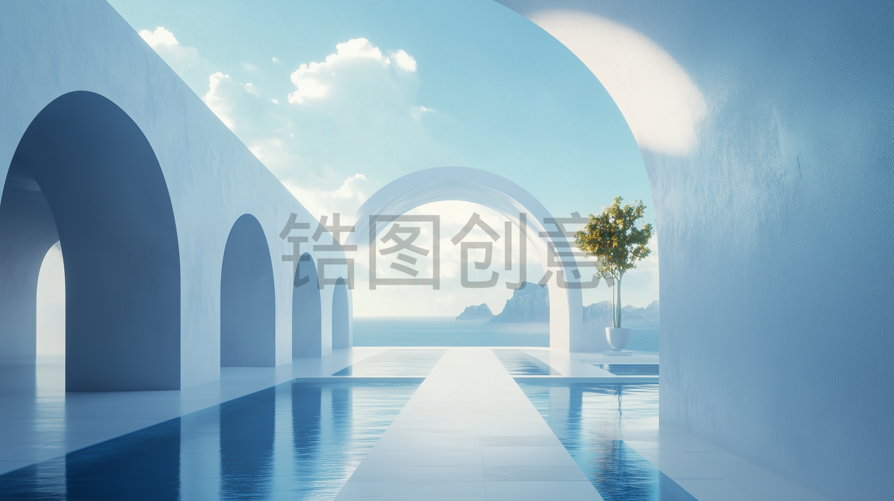 定设网-3d渲染建筑系列蓝色大气建筑拱形空间简约空间感背景