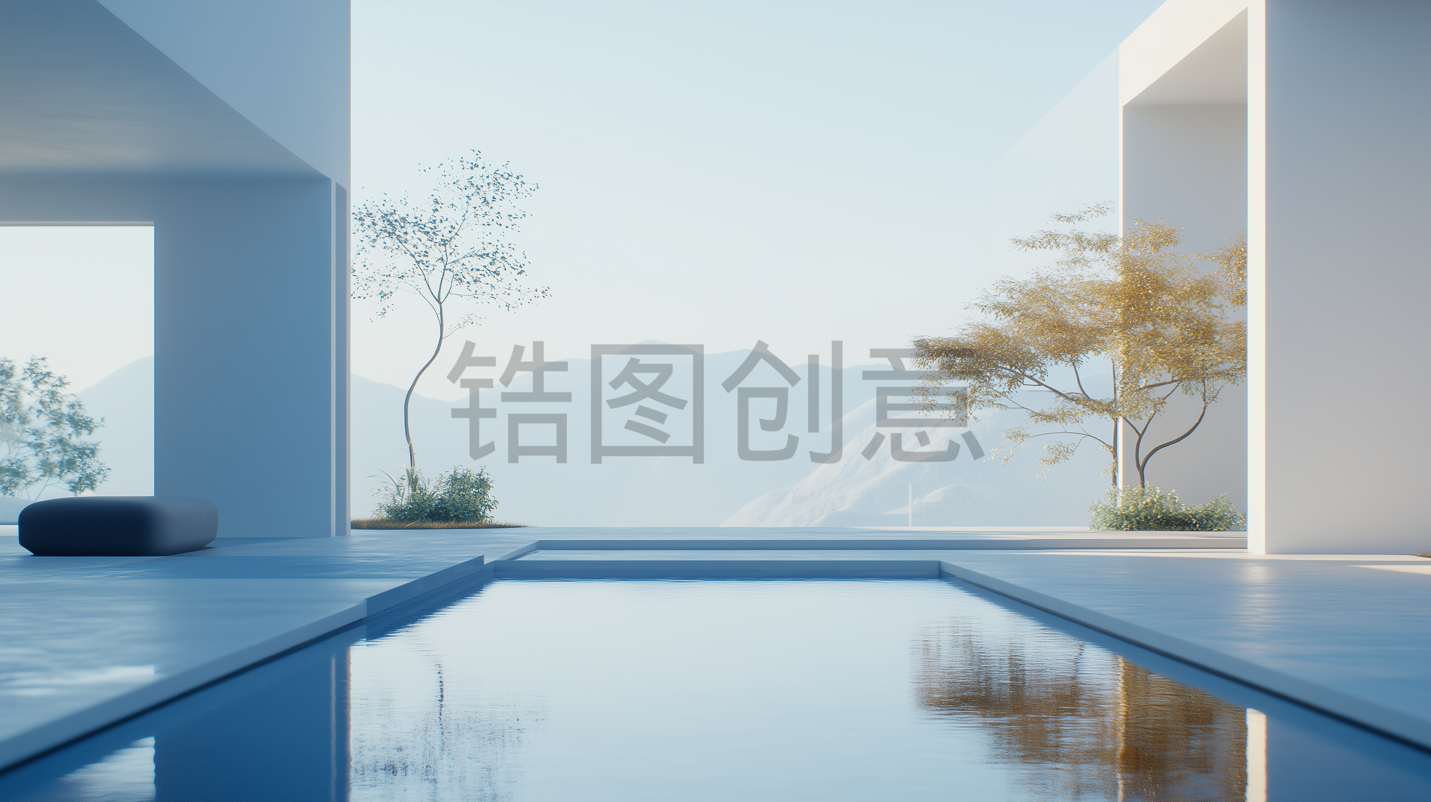 定设网-3d渲染建筑系列蓝色大气建筑空间简约空间感背景