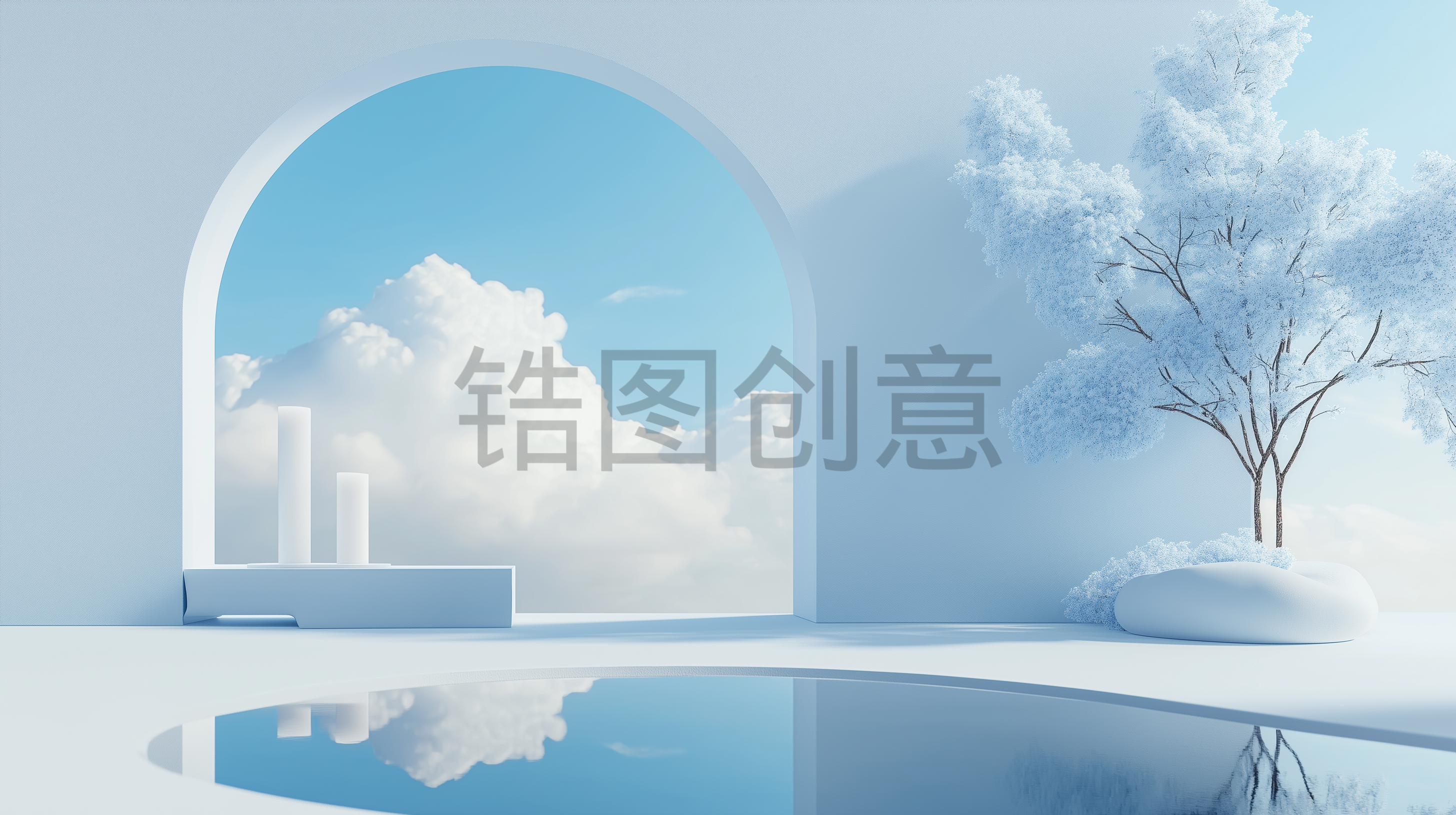 定设网-3d渲染建筑系列蓝色大气建筑拱形空间简约空间感景
