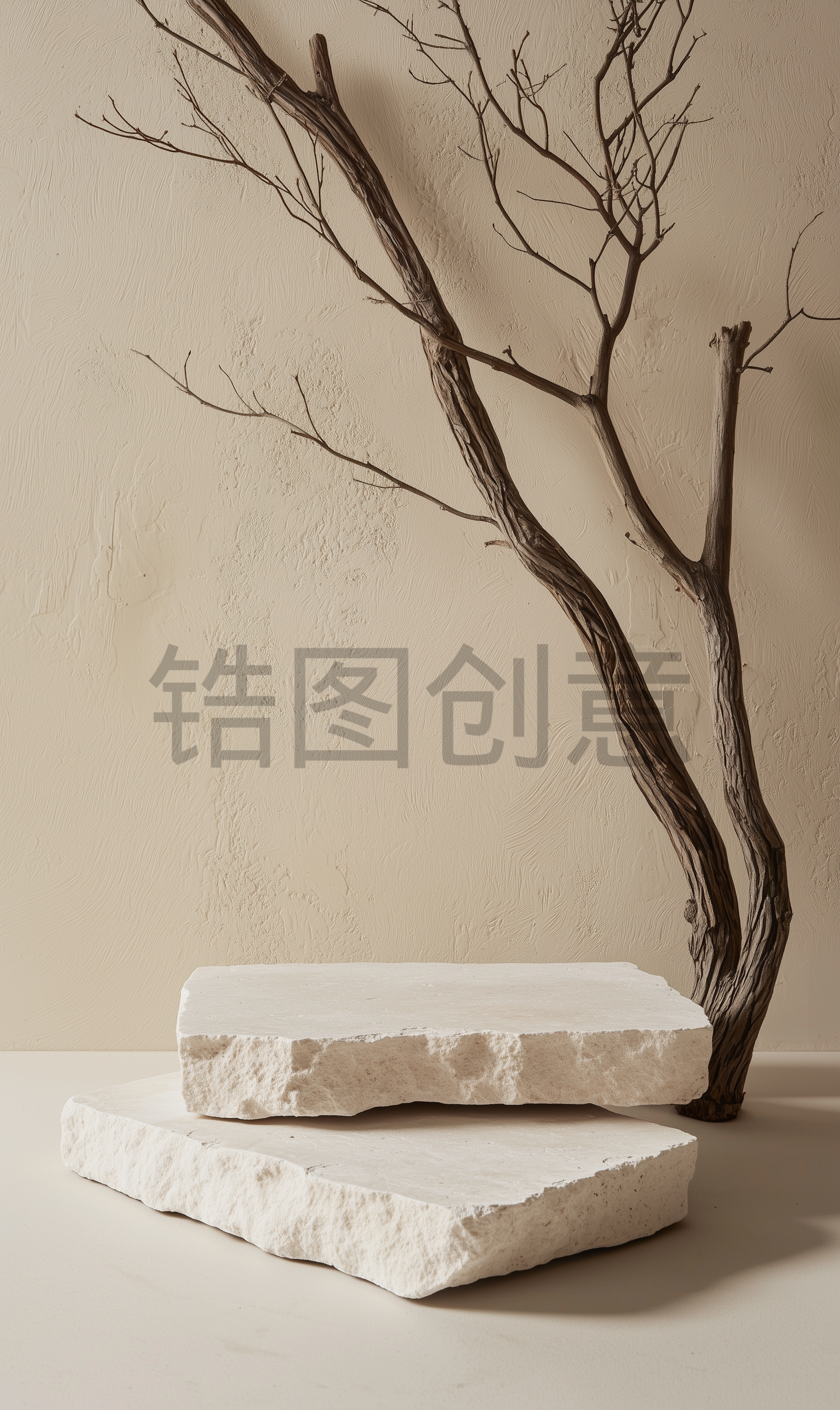定设网-3D渲染枯树大理石场景电商化妆品产品海报景素材
