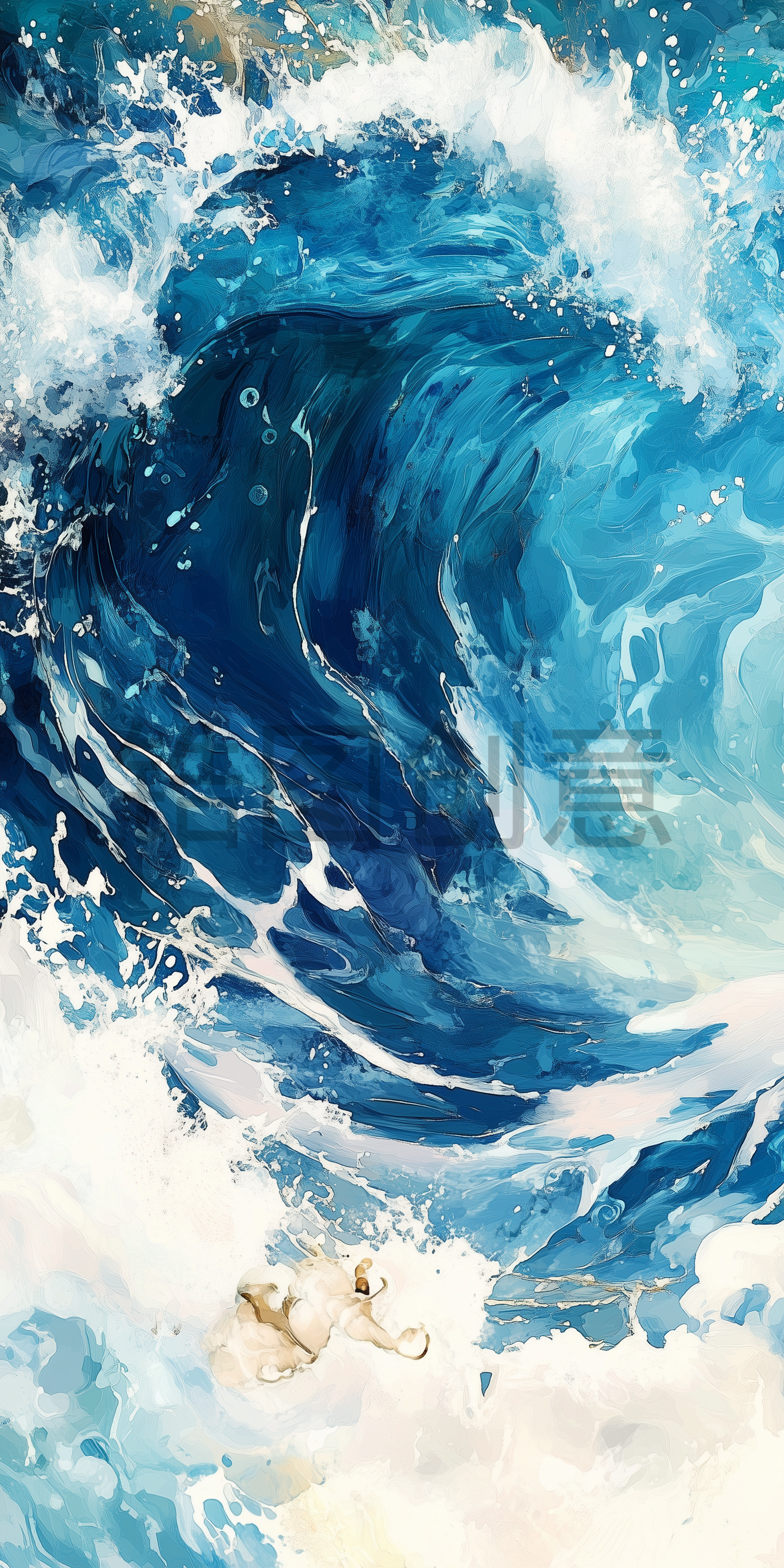 蓝色海浪肌理水彩油画背景