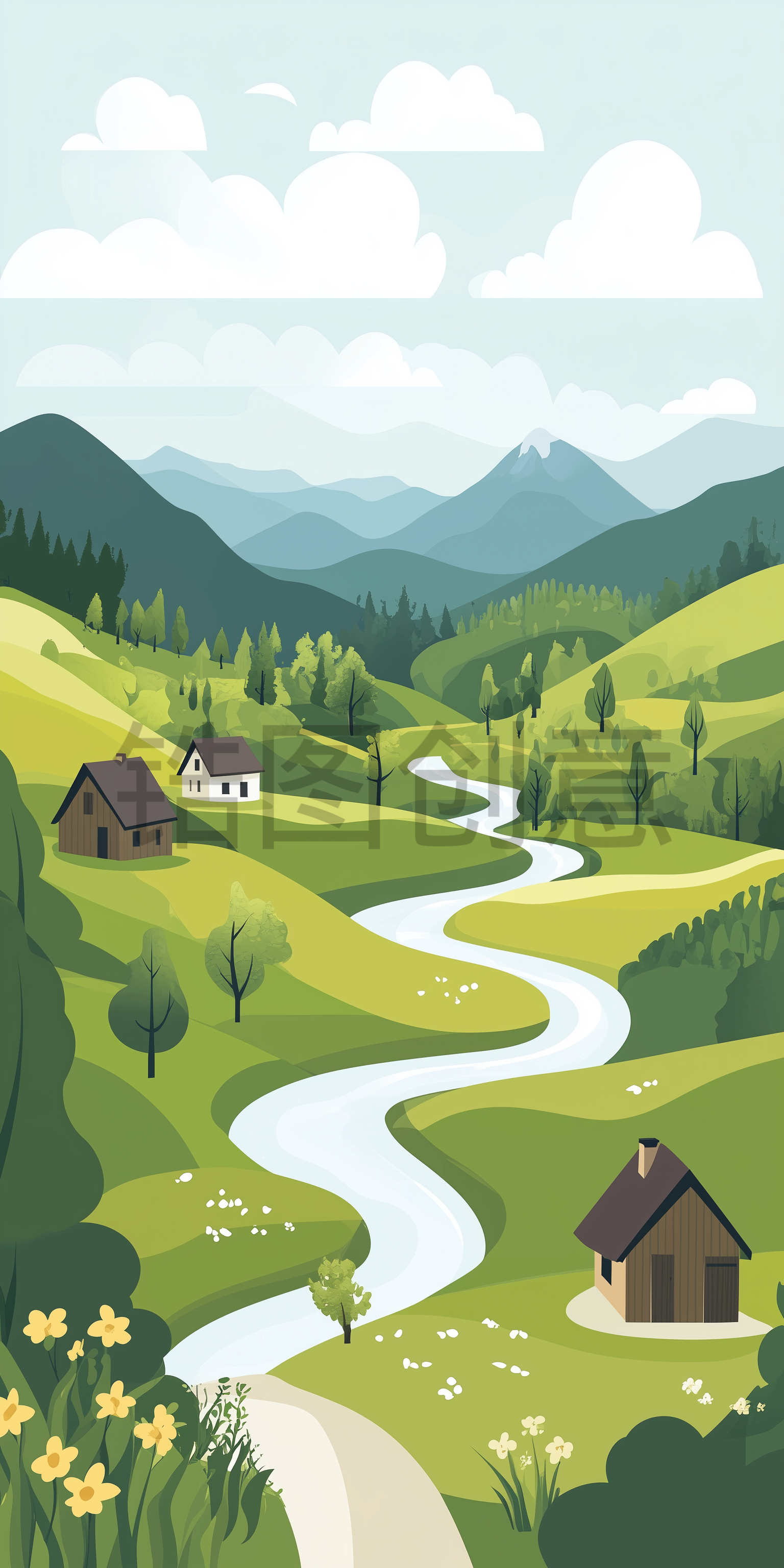 田园景象乡村自然风光房子山川河流简约插画风景