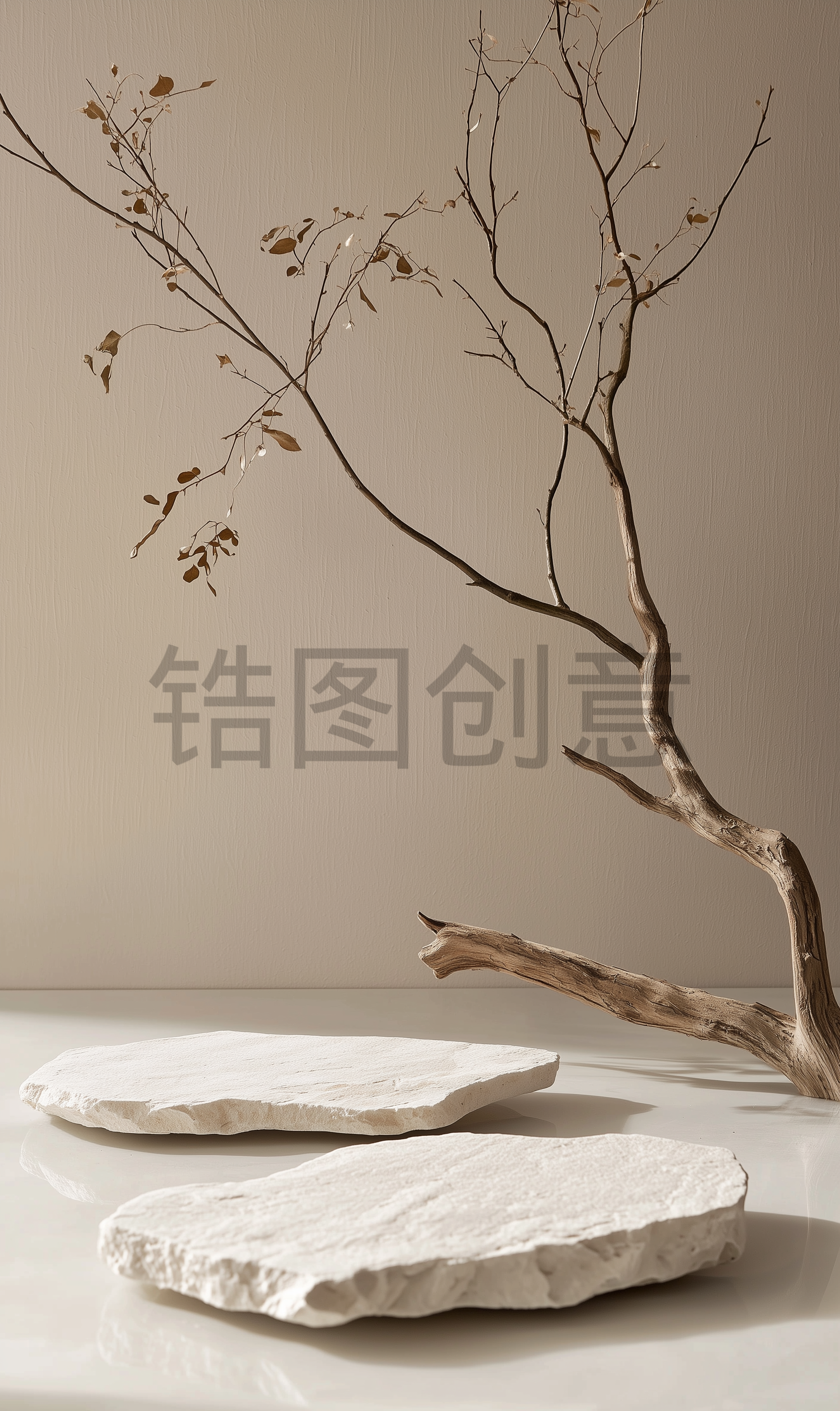定设网-3D渲染枯树大理石场景电商化妆品产品海报景素材