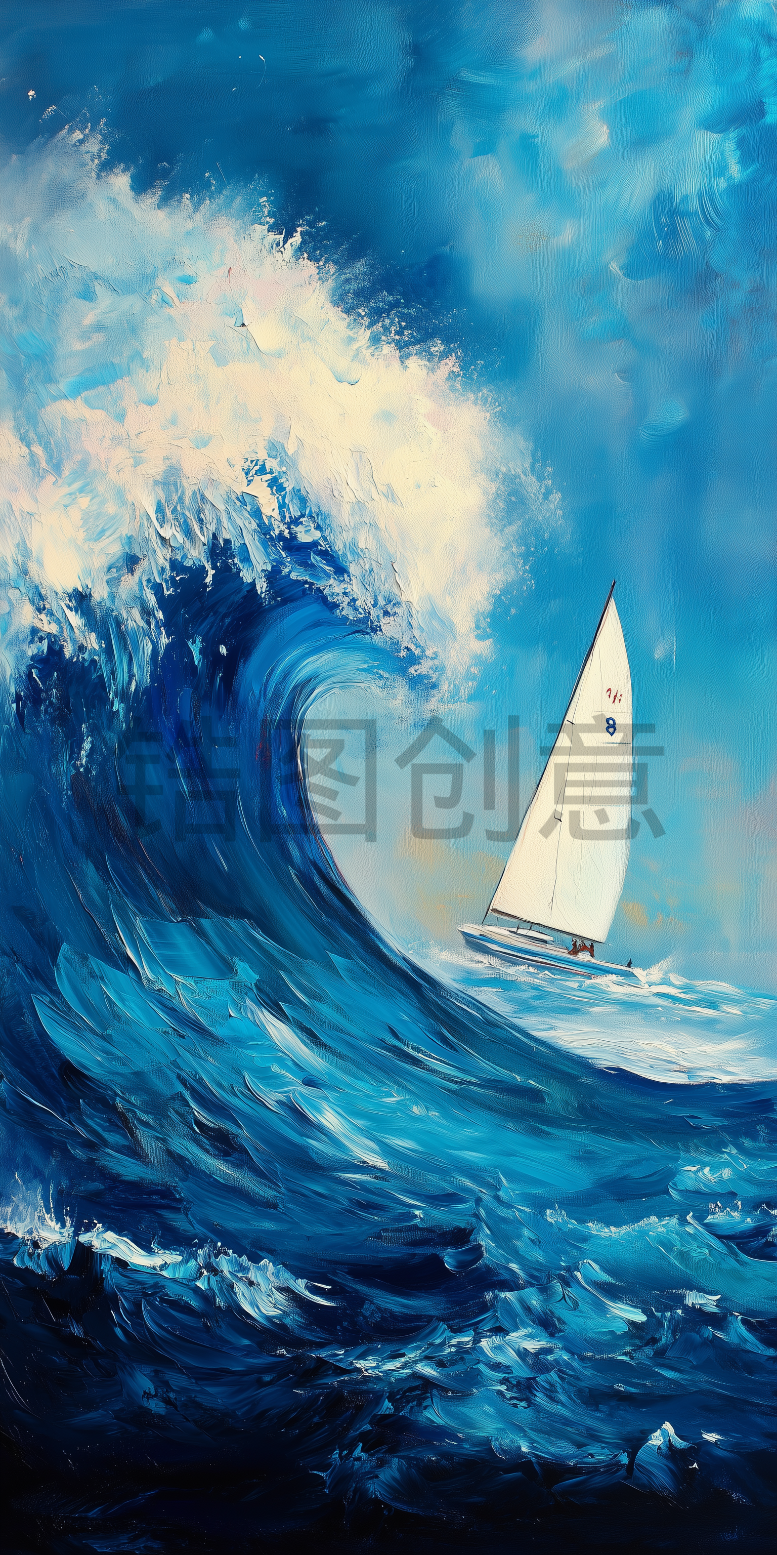 蓝色海浪海洋里行驶的帆船油画背景画面