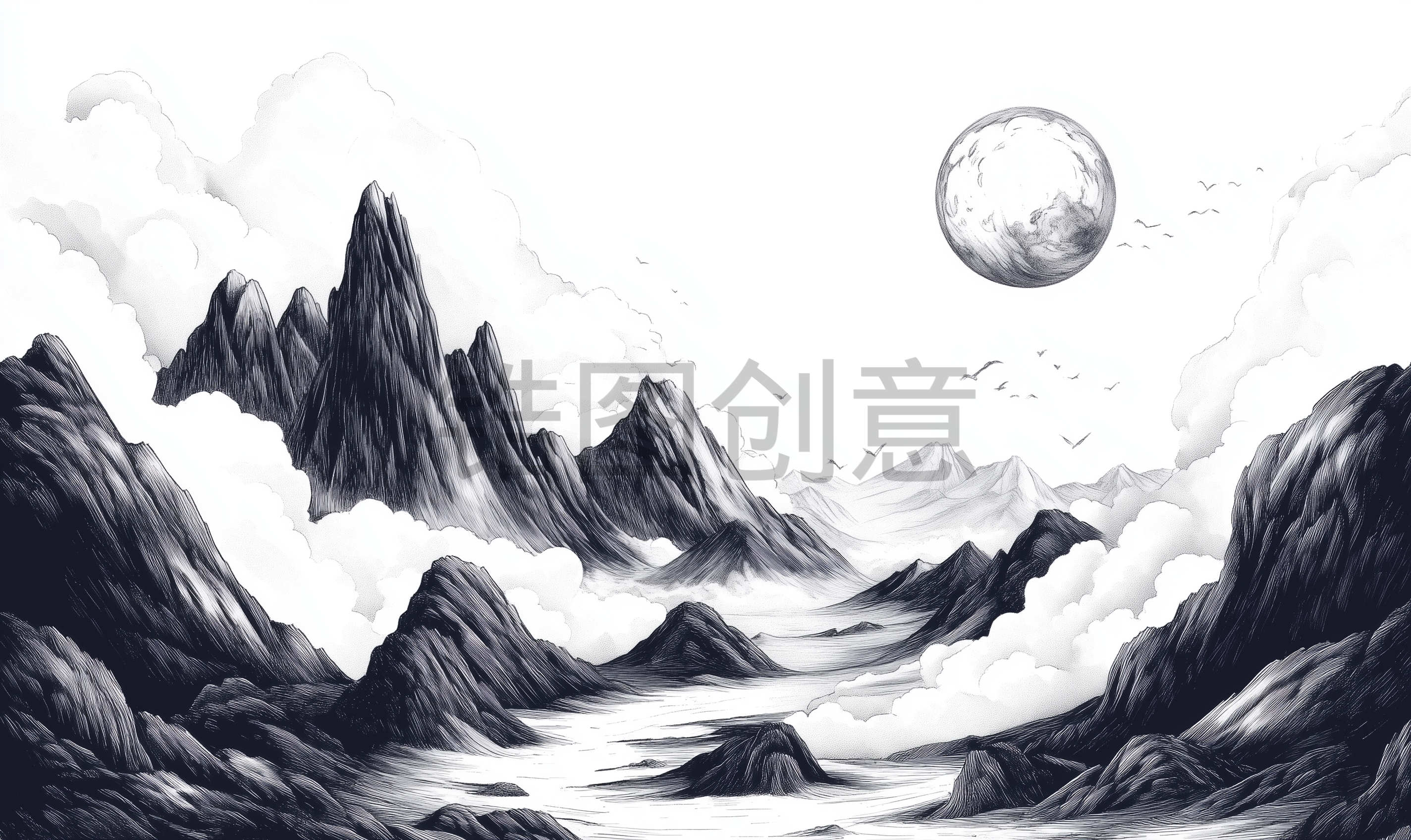 中国风黑白山水风景画背景
