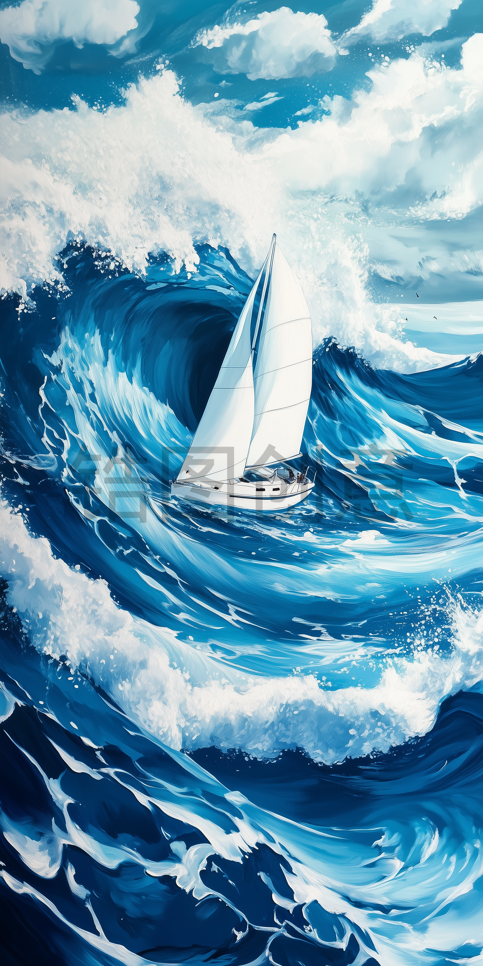 蓝色海浪海洋里行驶的帆船油画画面