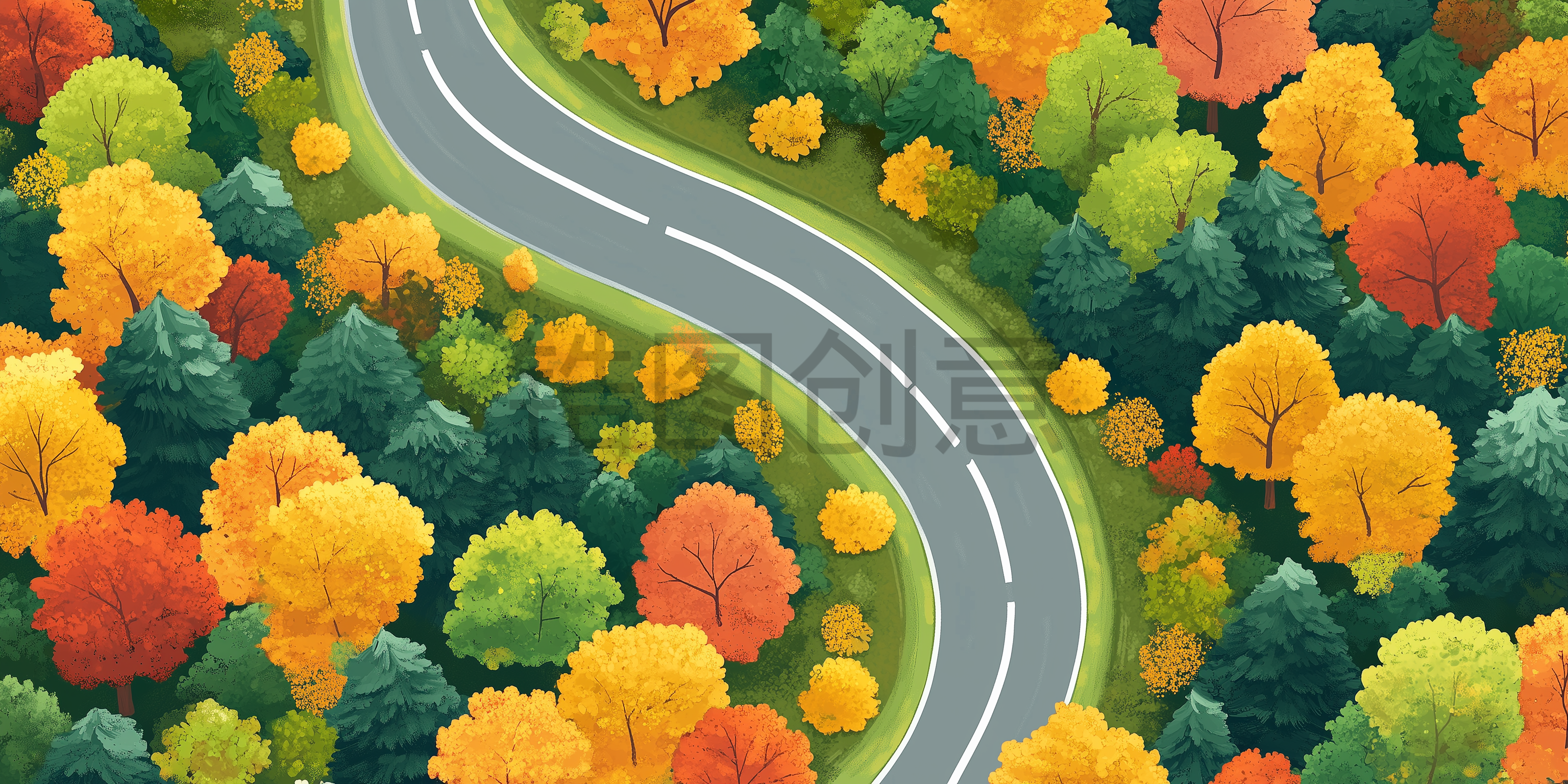 瞰视角大自然森林公路插画背景