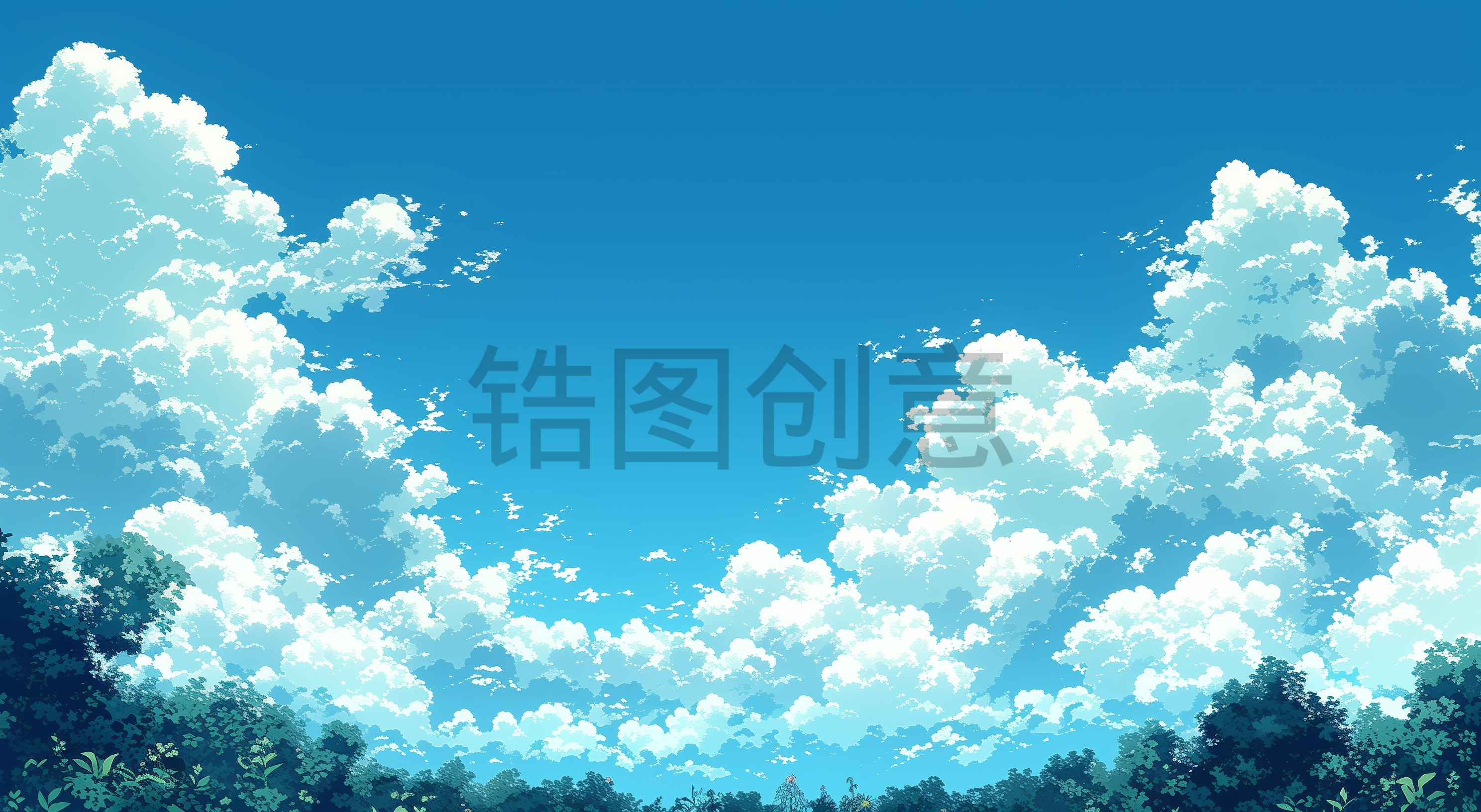 定设网-大自然植物树林蓝天白云天空插画背景