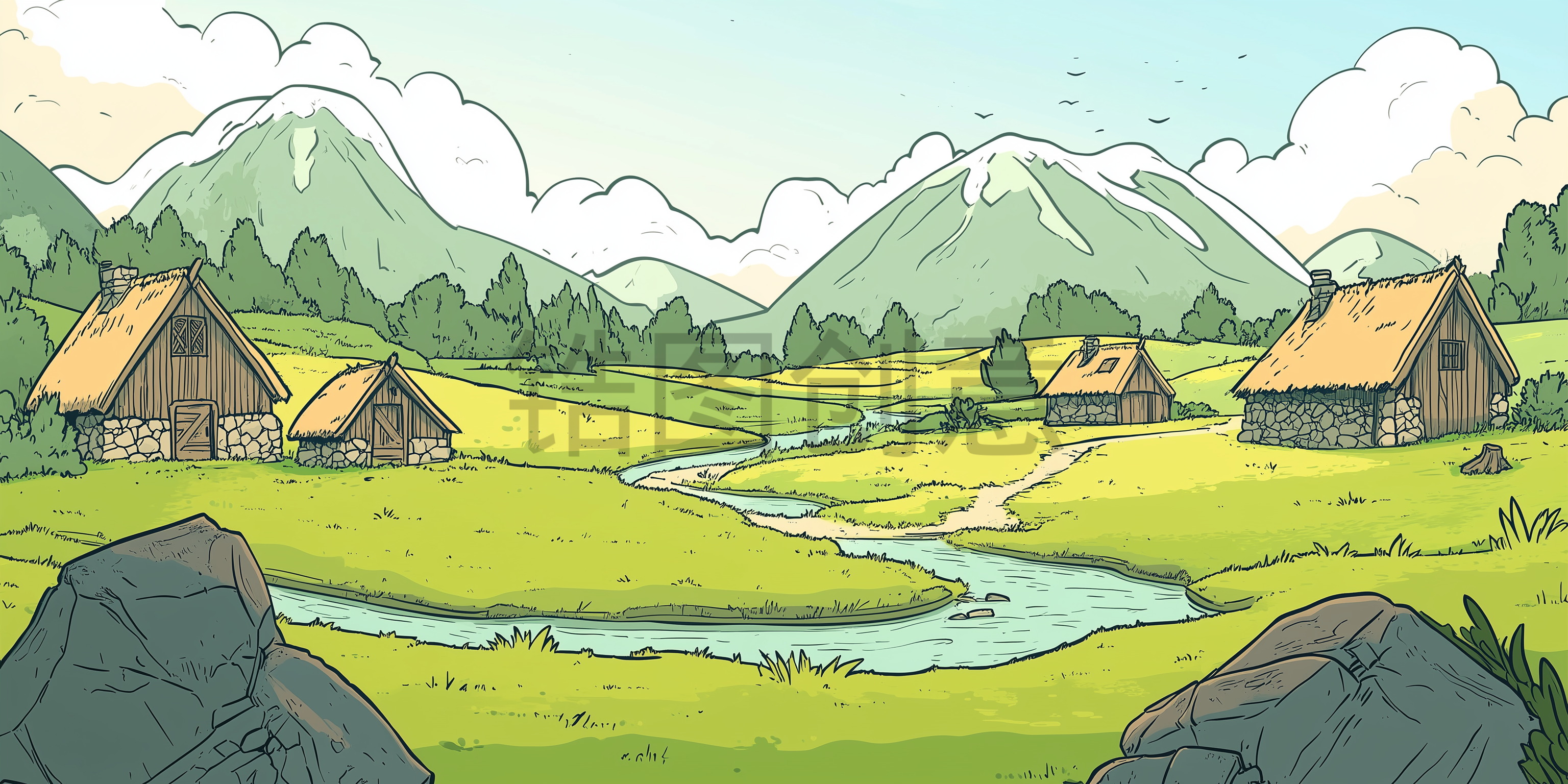 乡村风光房子山川河流插画自然风景