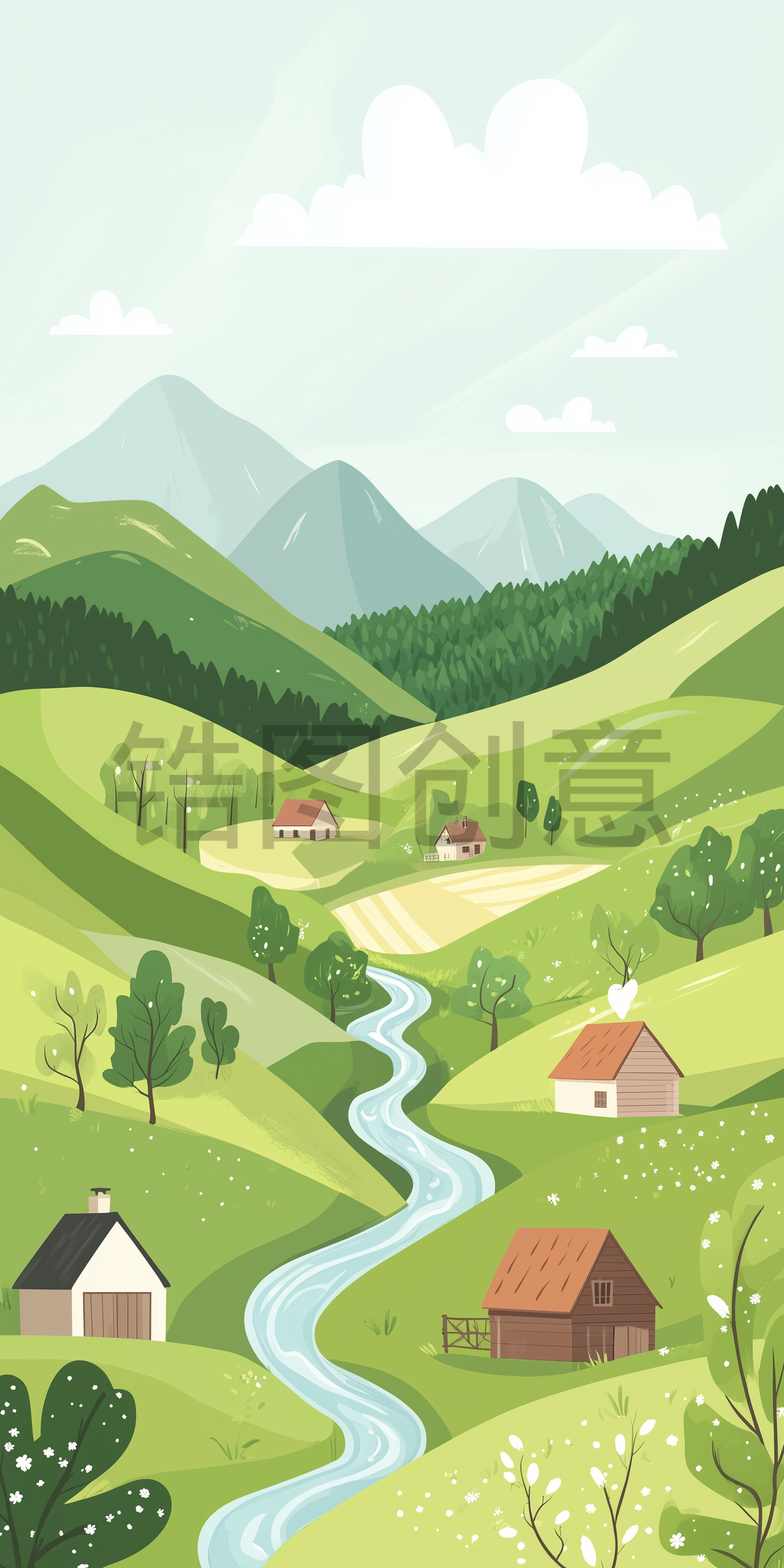 田园景象乡村自然风光房子山川河流简约插画风景