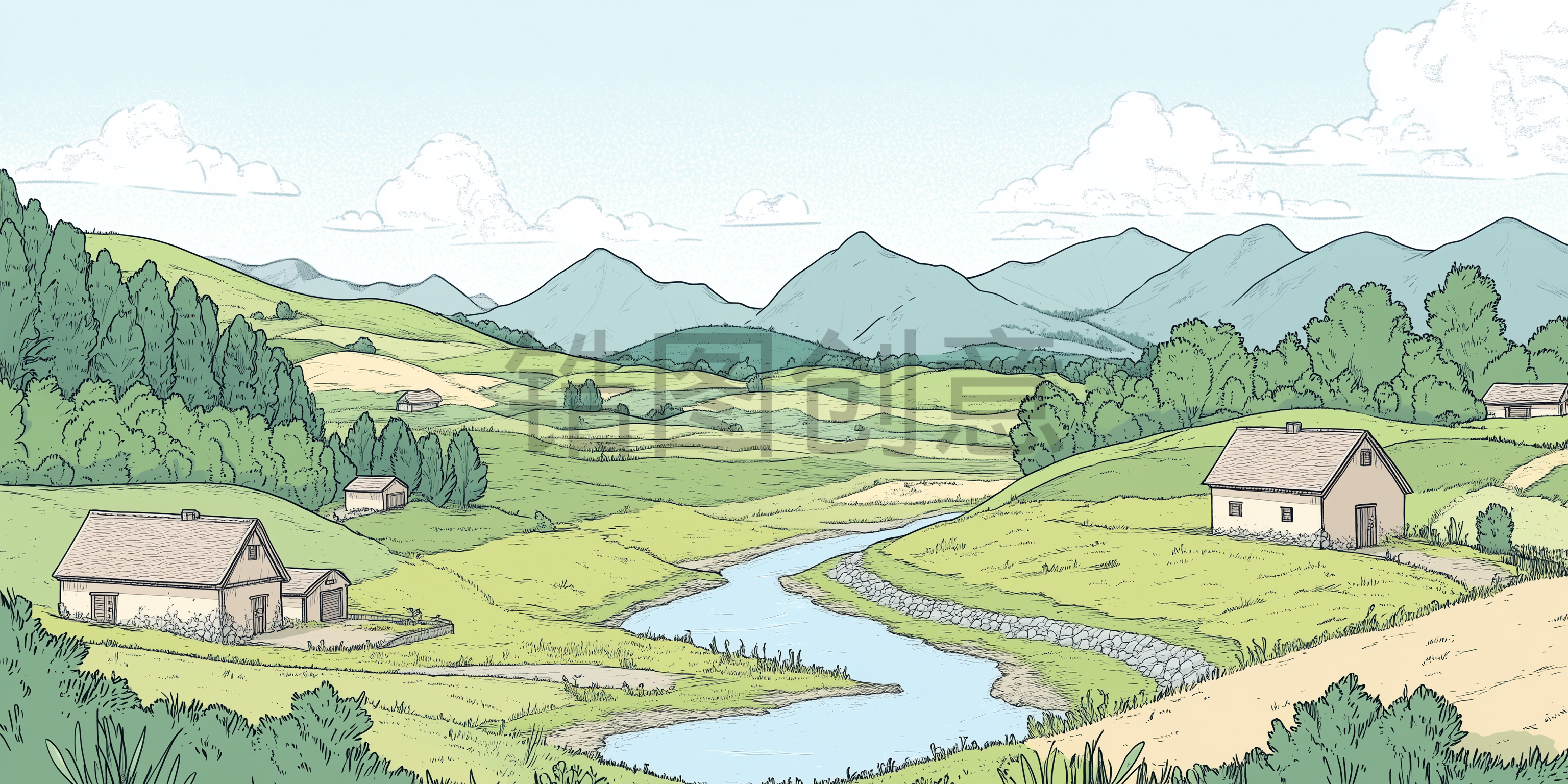 乡村风光房子山川河流插画自然风景