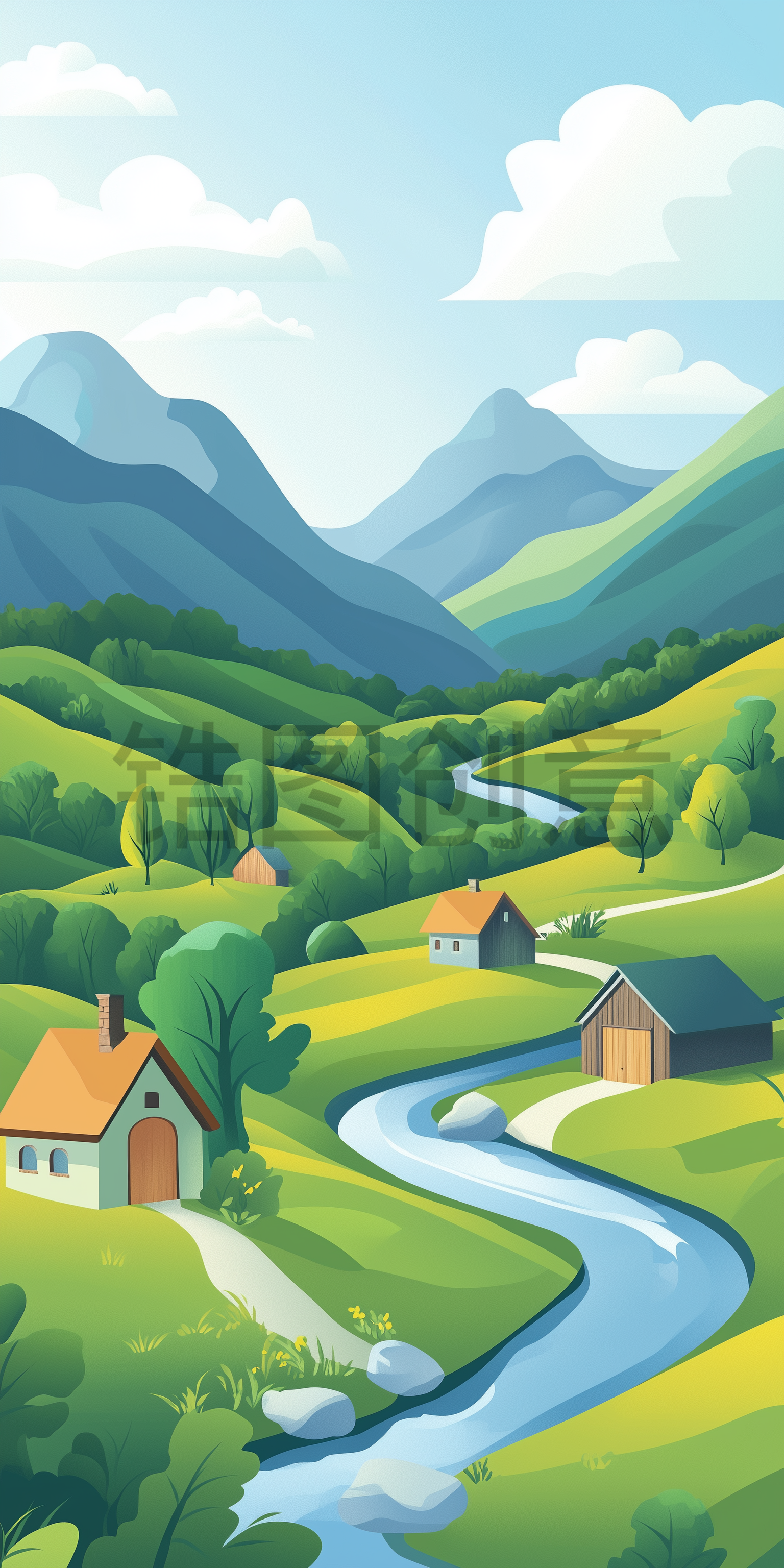 田园景象乡村自然风光房子山川河流简约卡通插画风景