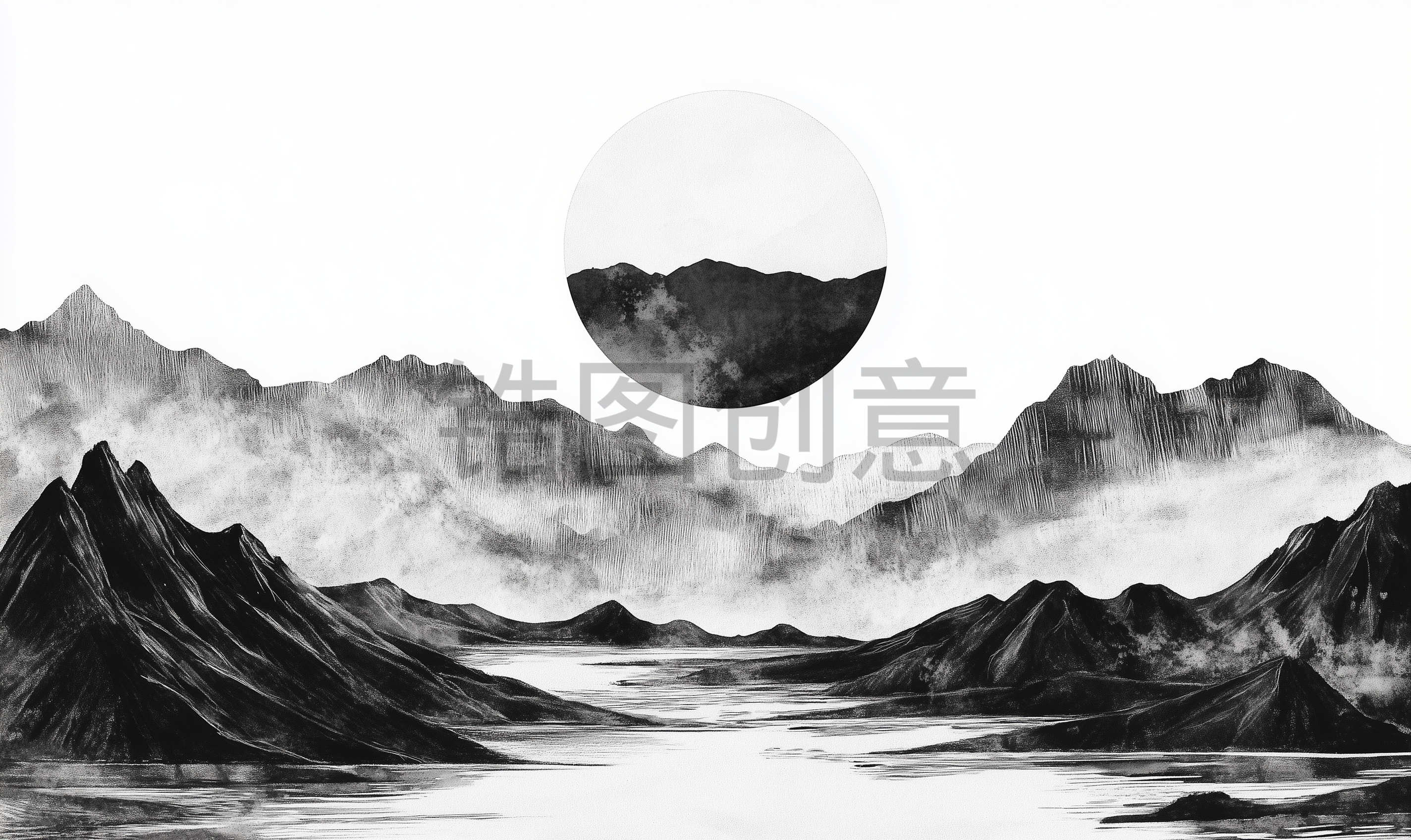 中国风黑白山水风景画背景