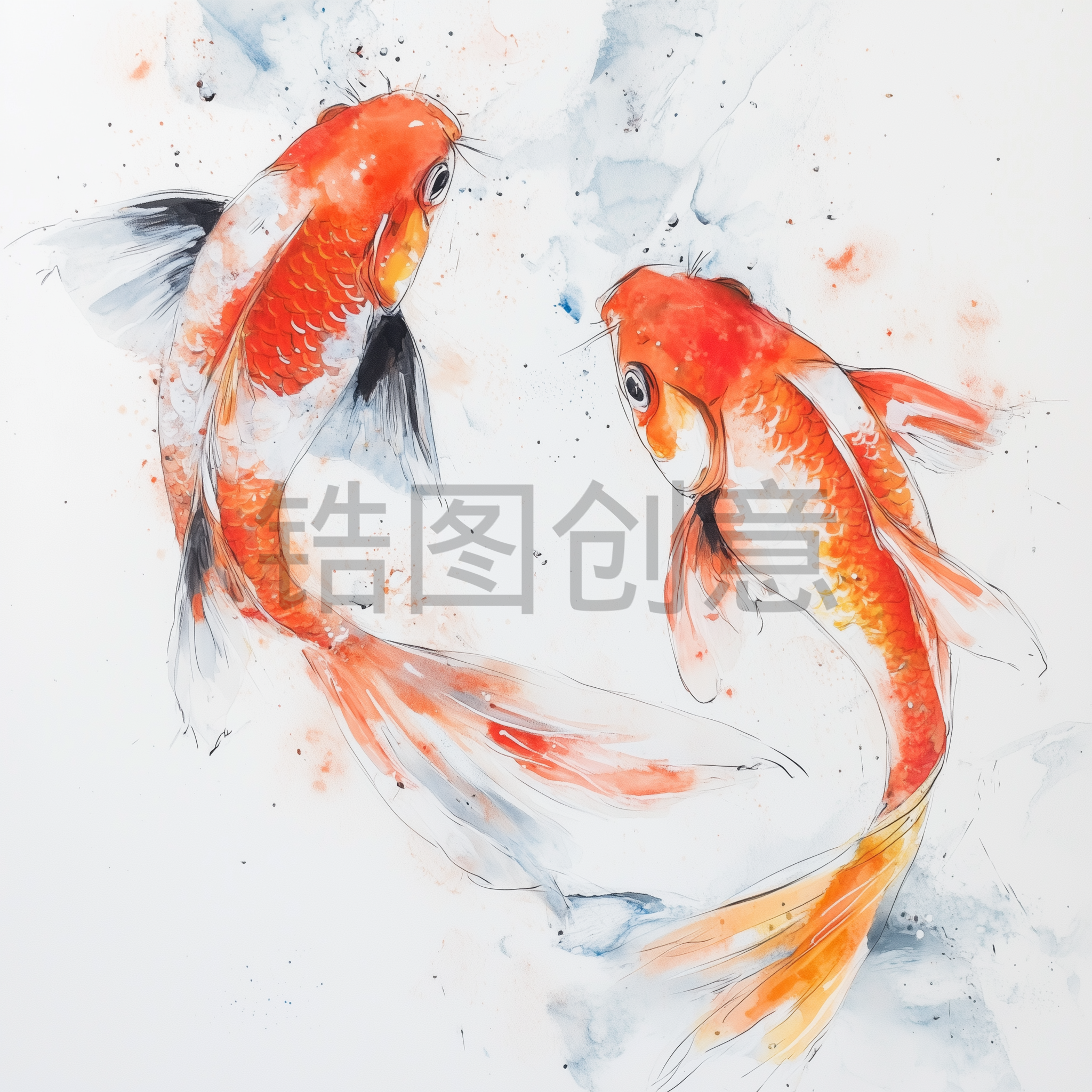 金鱼锦鲤水彩风光元素
