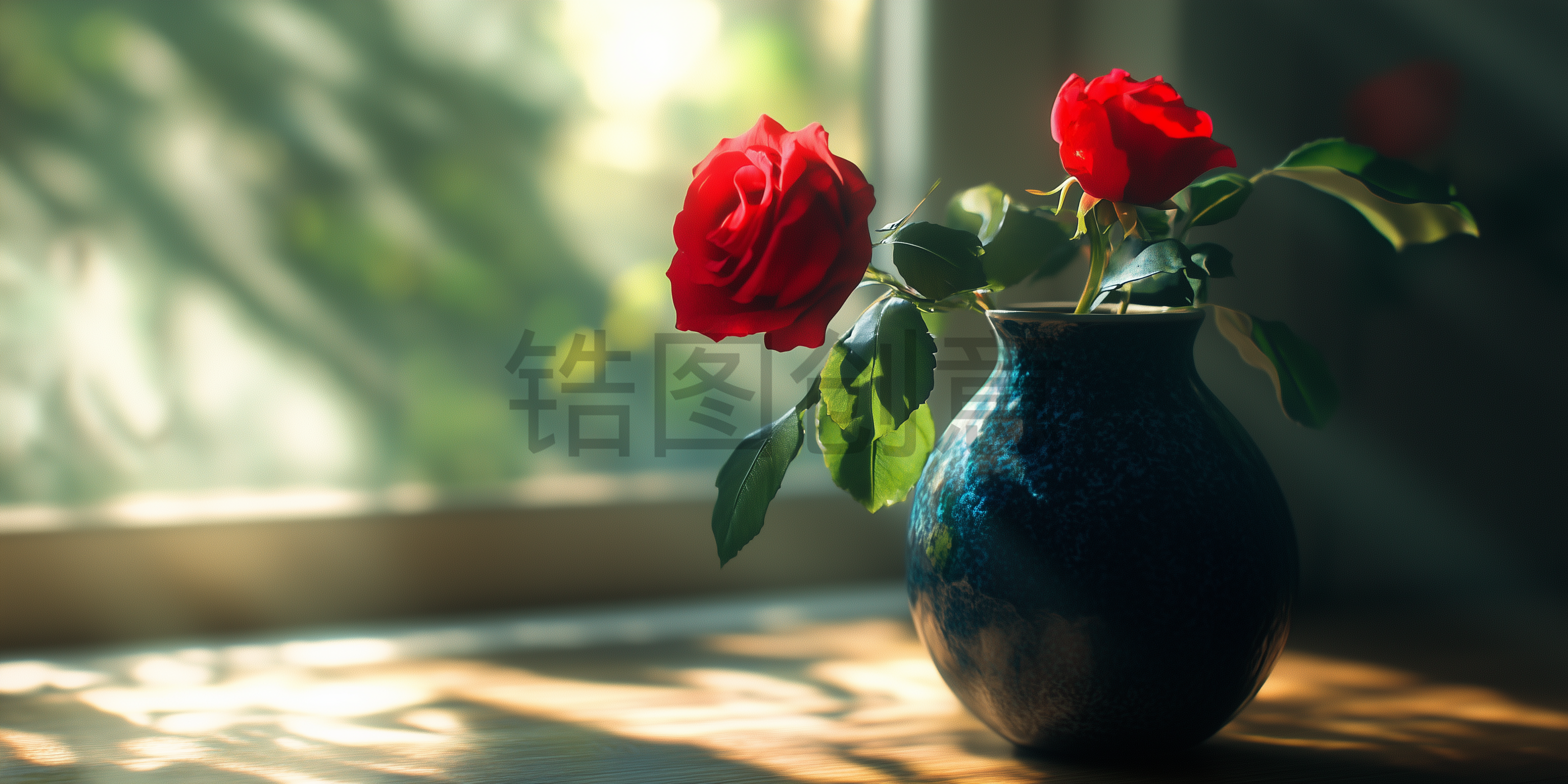 窗前桌面花瓶插花阳光投射进来画面背景