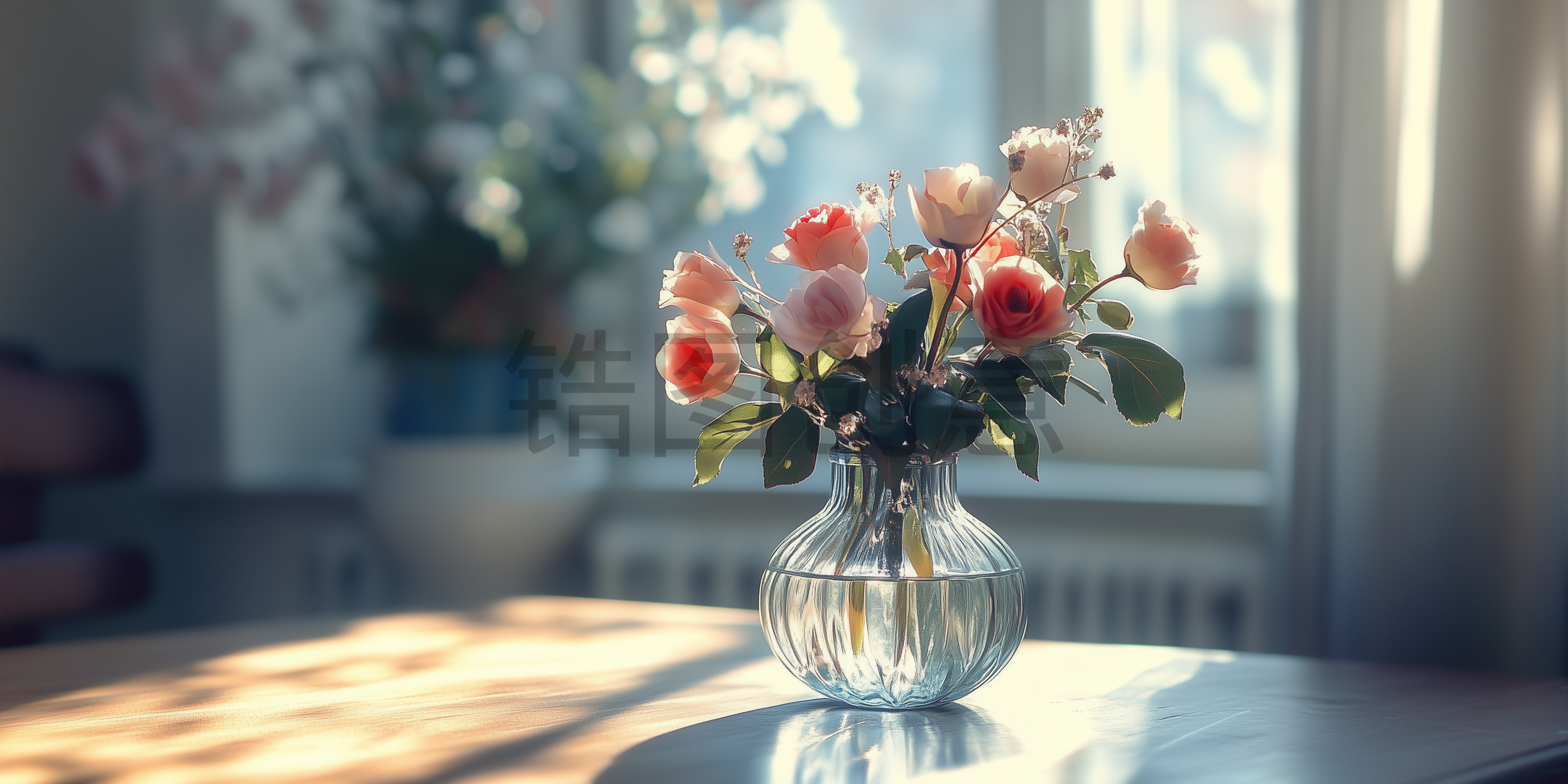 窗前桌面花瓶插花阳光投射进来画面背景