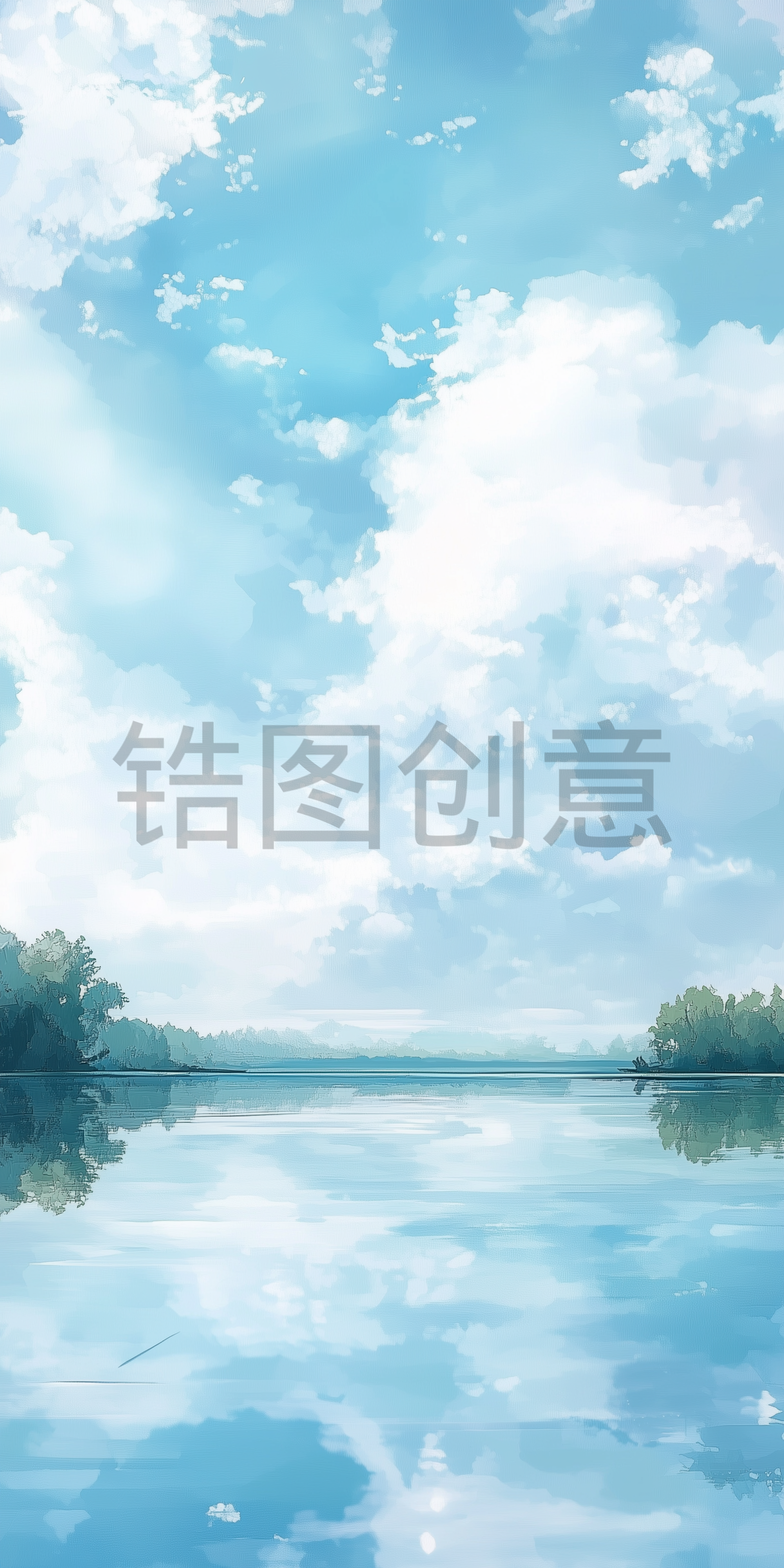 天空湖面河流风景插画背景