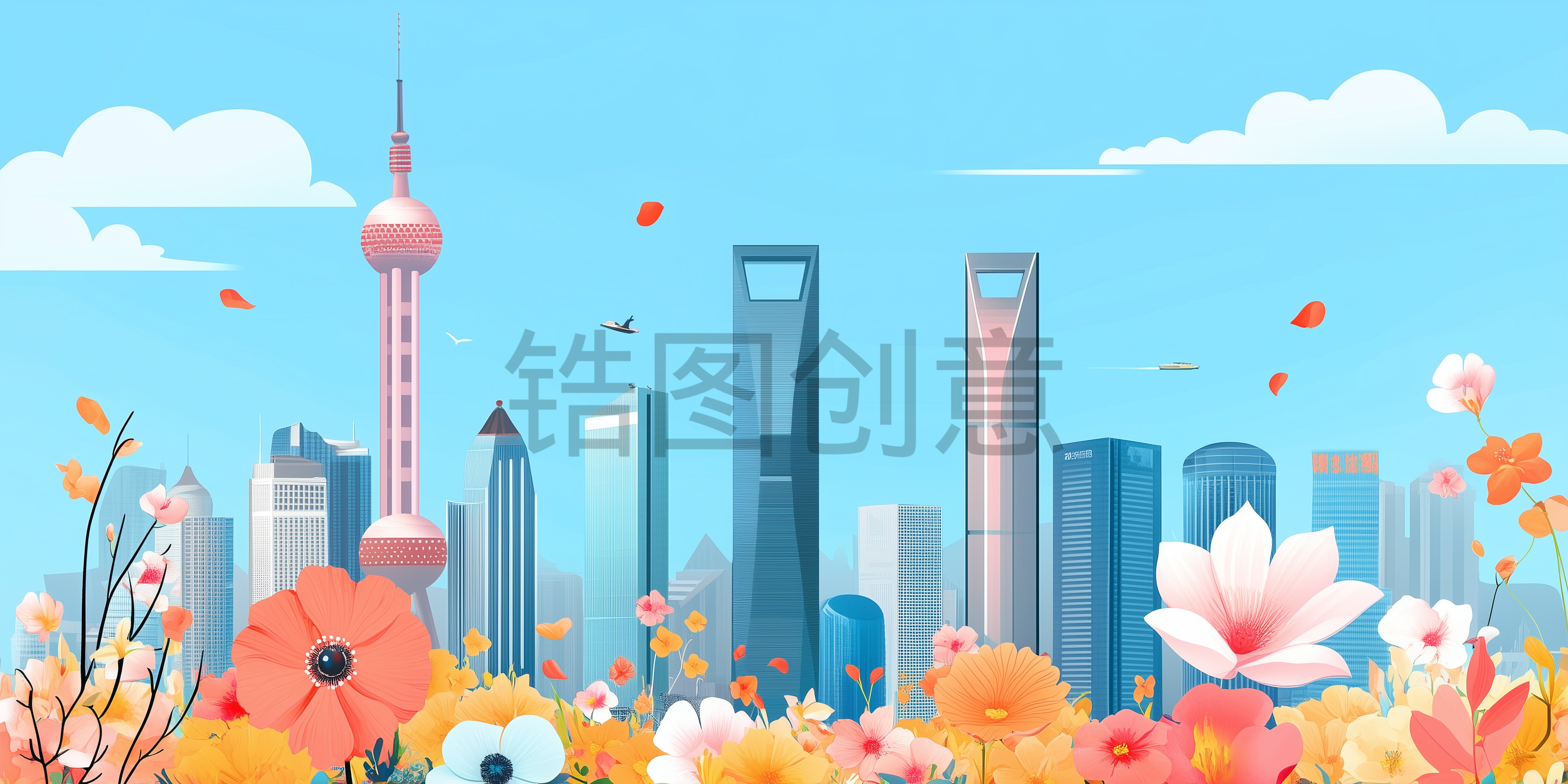 定设网-建筑系列中国城市建筑写实插画素材