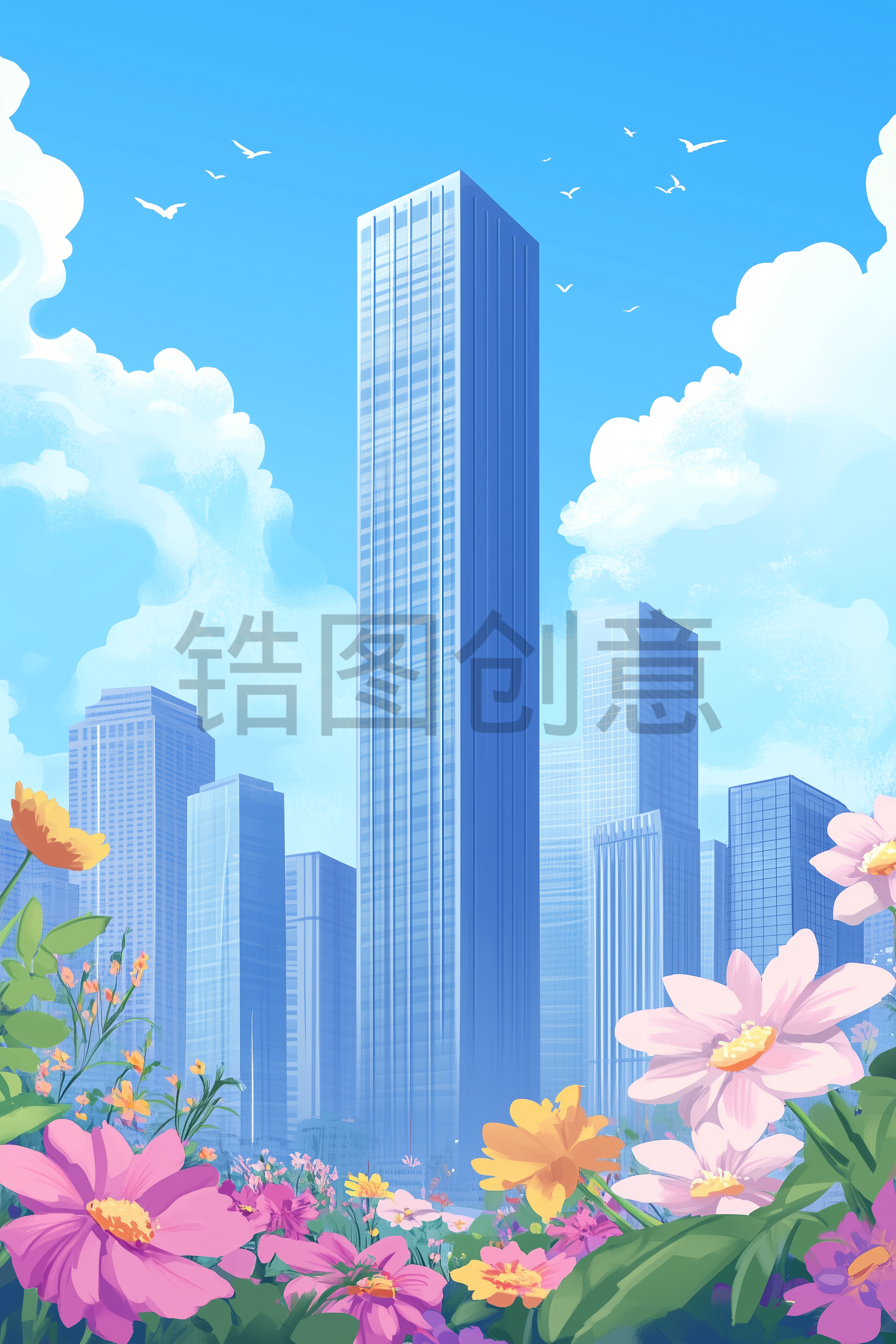 定设网-建筑系列城市建筑写实插画素材