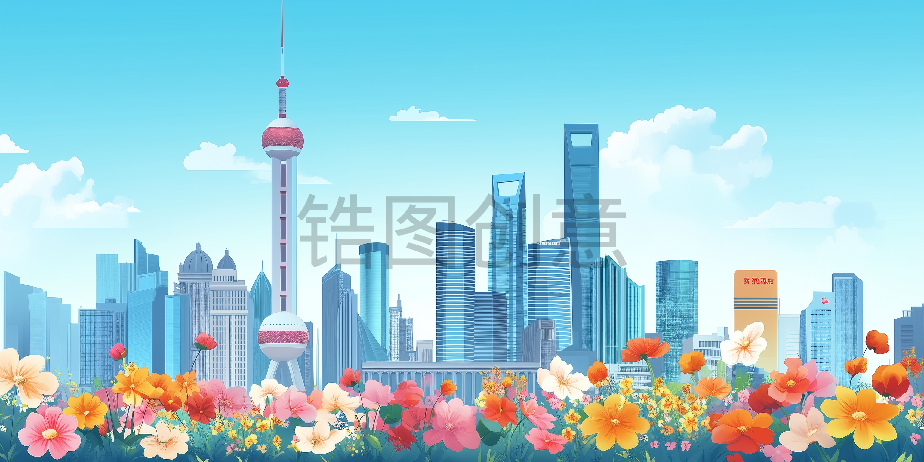 定设网-建筑系列上海城市建筑写实插画素材