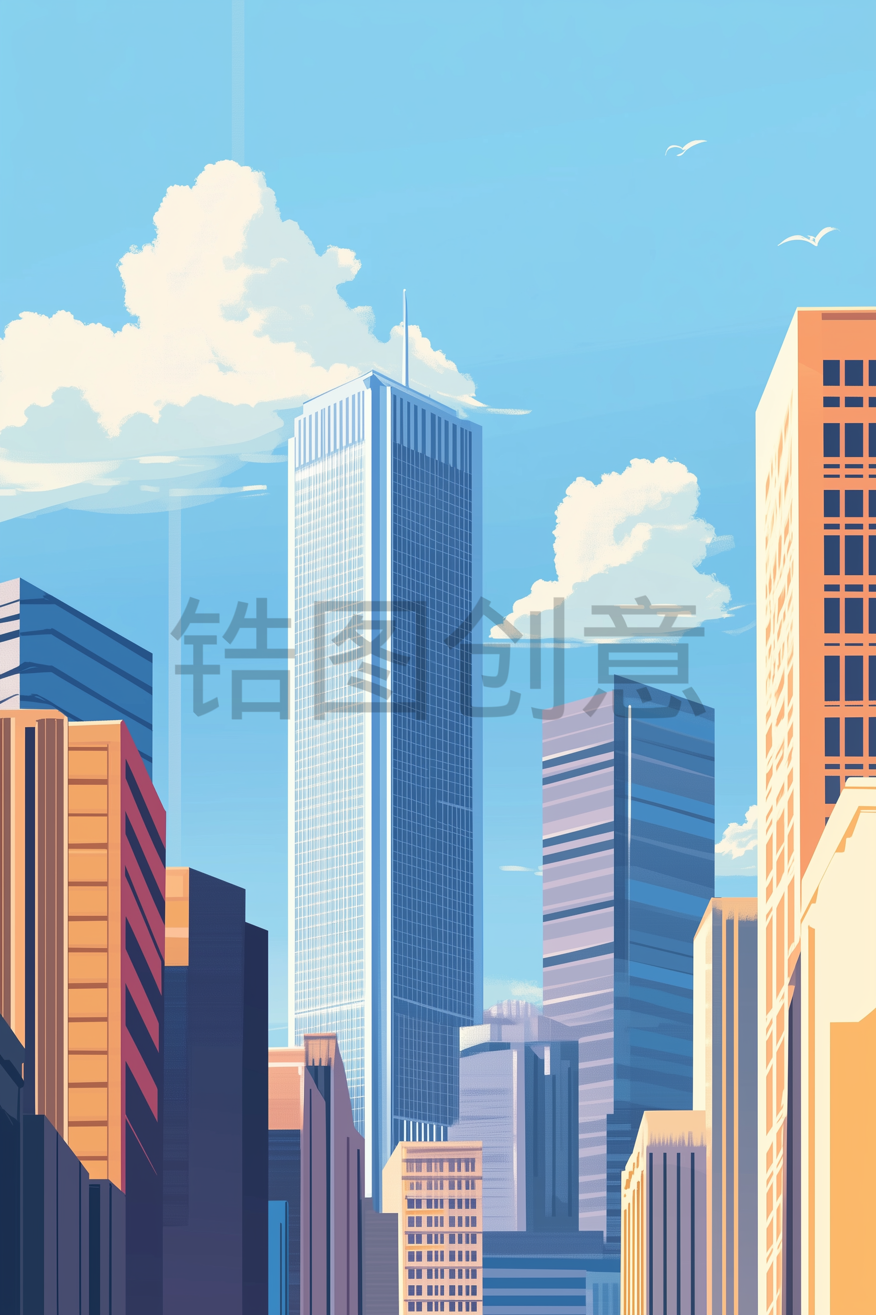 定设网-建筑系列城市建筑写实插画素材