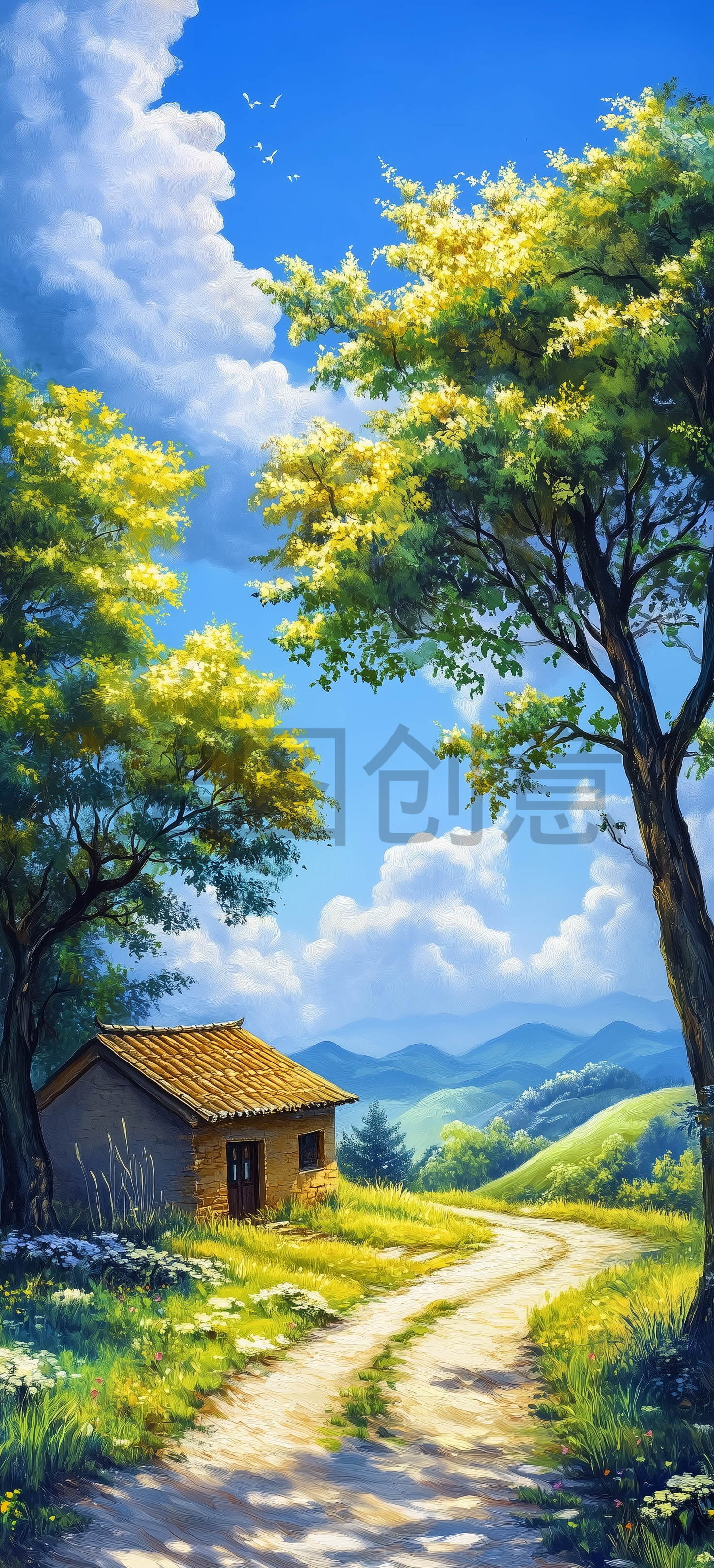 定设网-田园景象乡村自然风光树下老房子群山插画背景