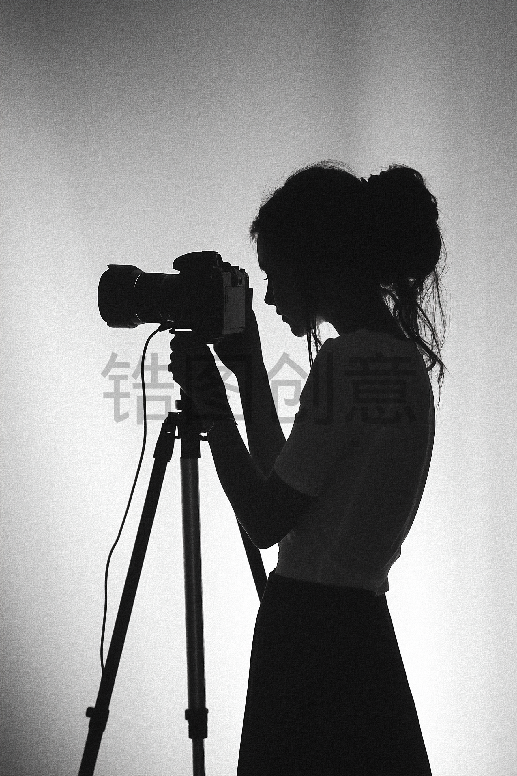 定设网-摄像机旁拍摄的女性人物写实黑白图片