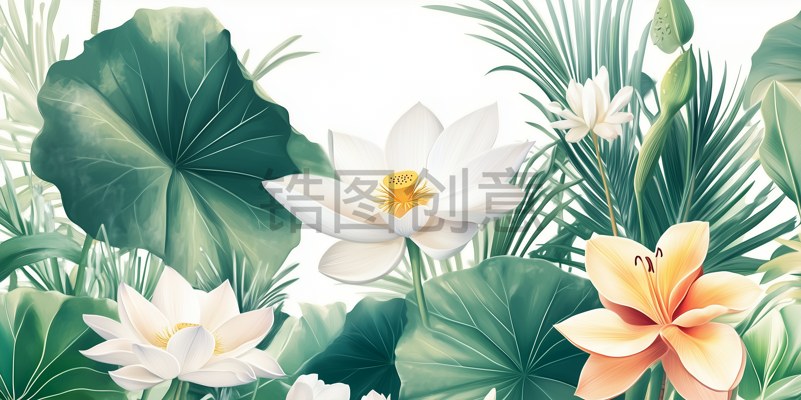 定设网-植物荷花荷叶绽放场景写实插画背景