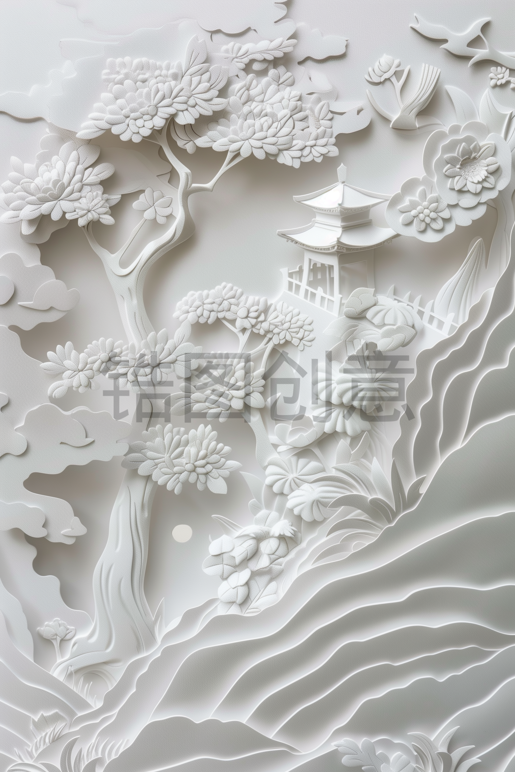 定设网-白色中国风山水亭台树木组合浮雕剪纸风背景