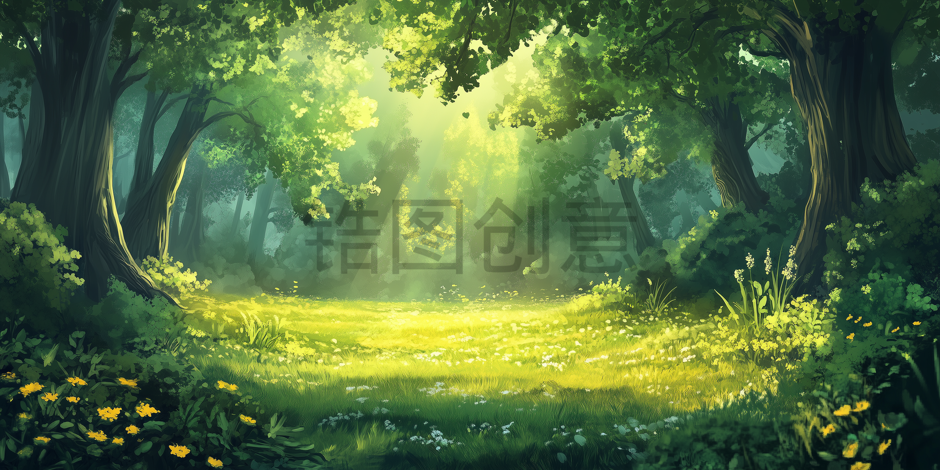 定设网-茂密绿色森林草地插画背景