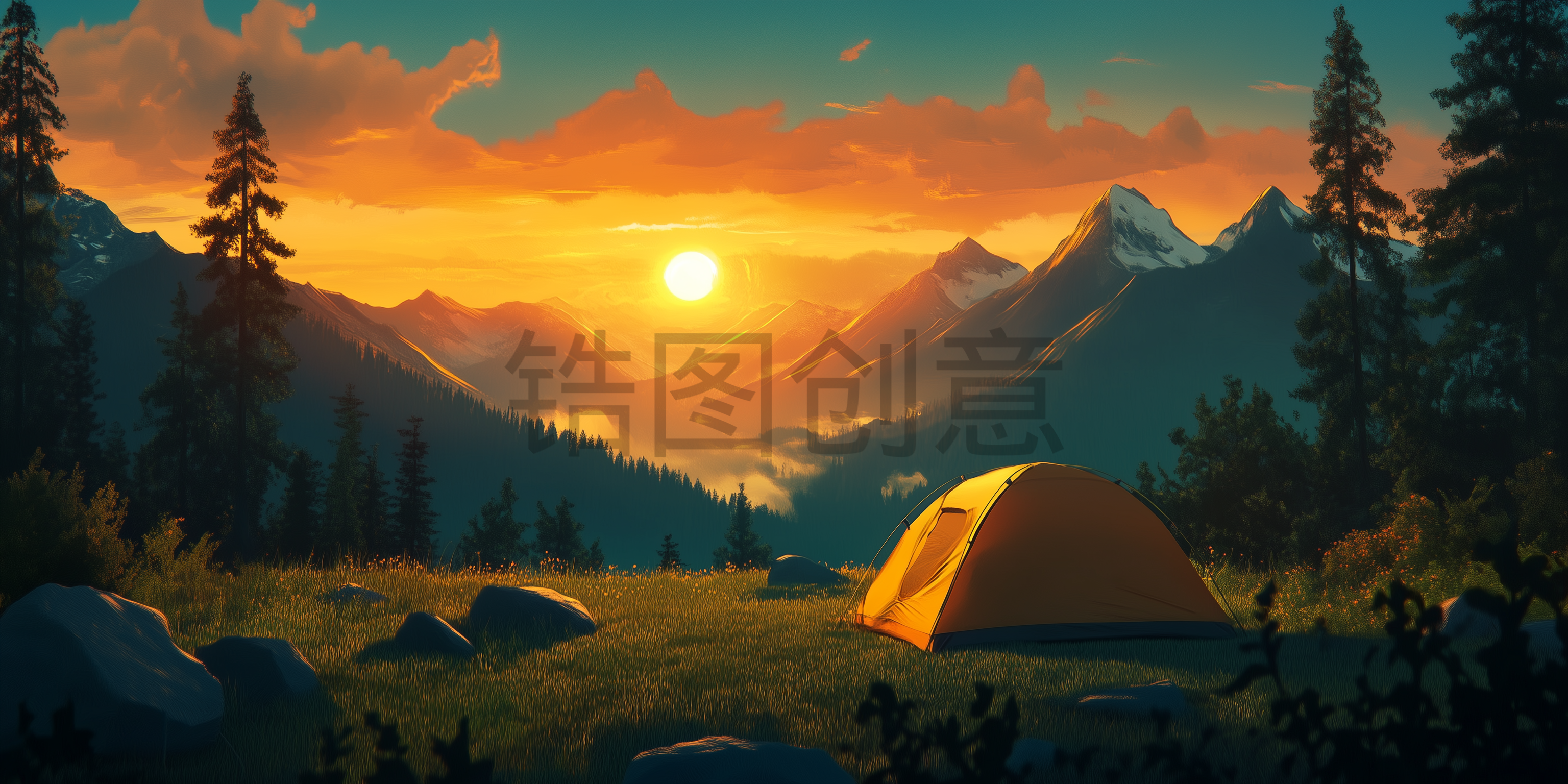 定设网-户外帐篷露营山水风光插画背景