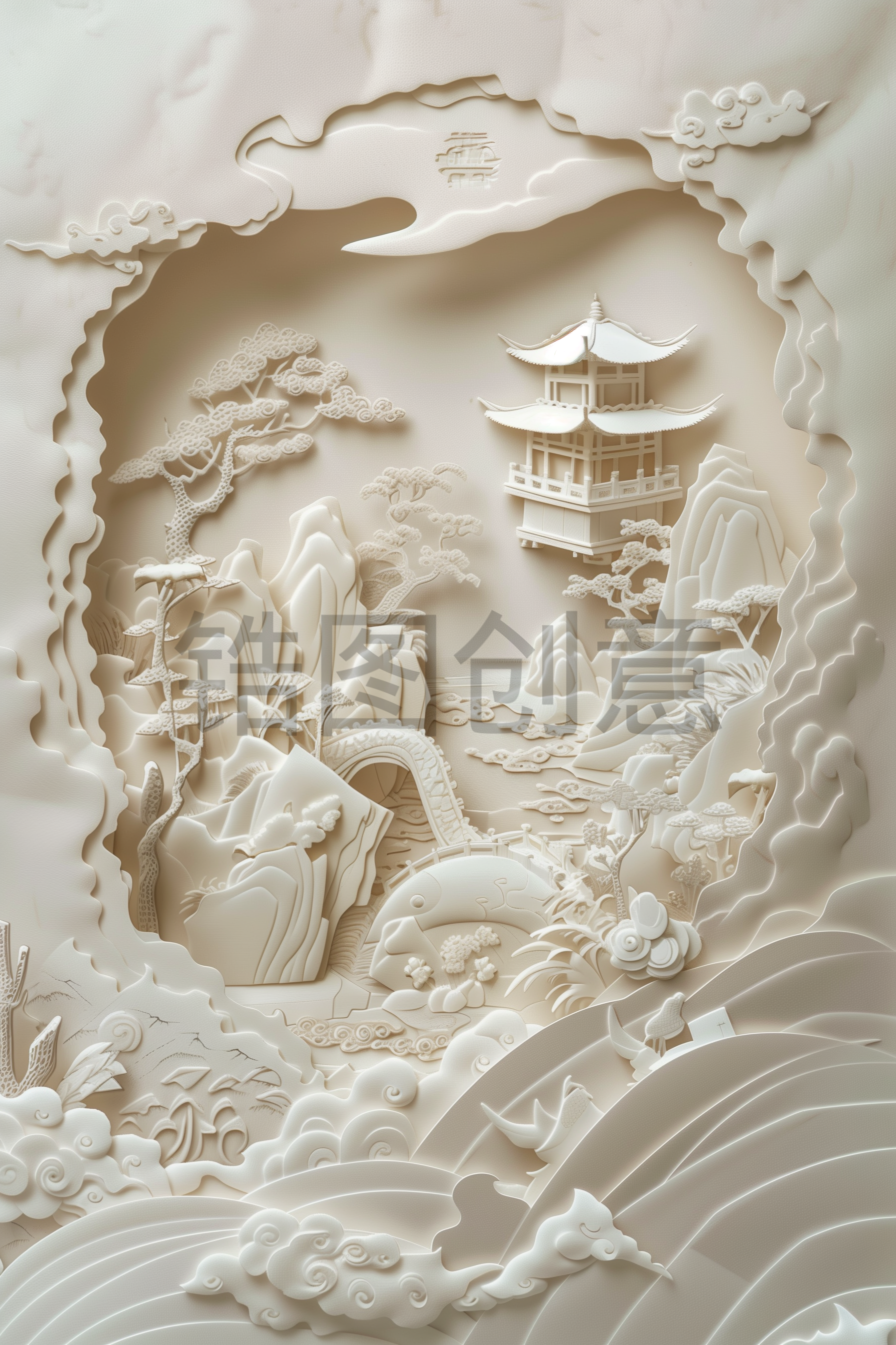 定设网-数字ai中国风山水亭台组合浮雕剪纸风背景