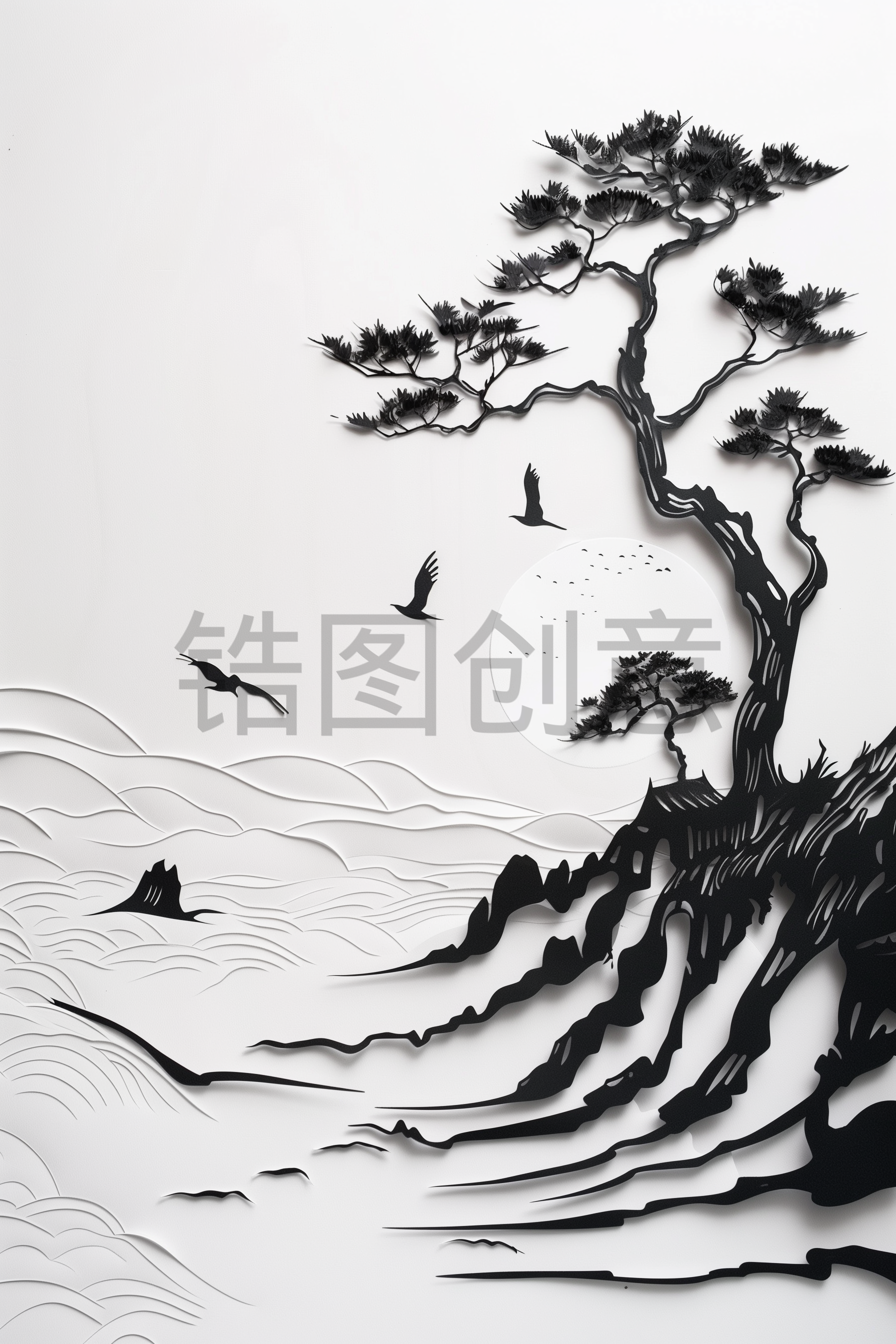 定设网-黑白山水国风浮雕剪纸风背景