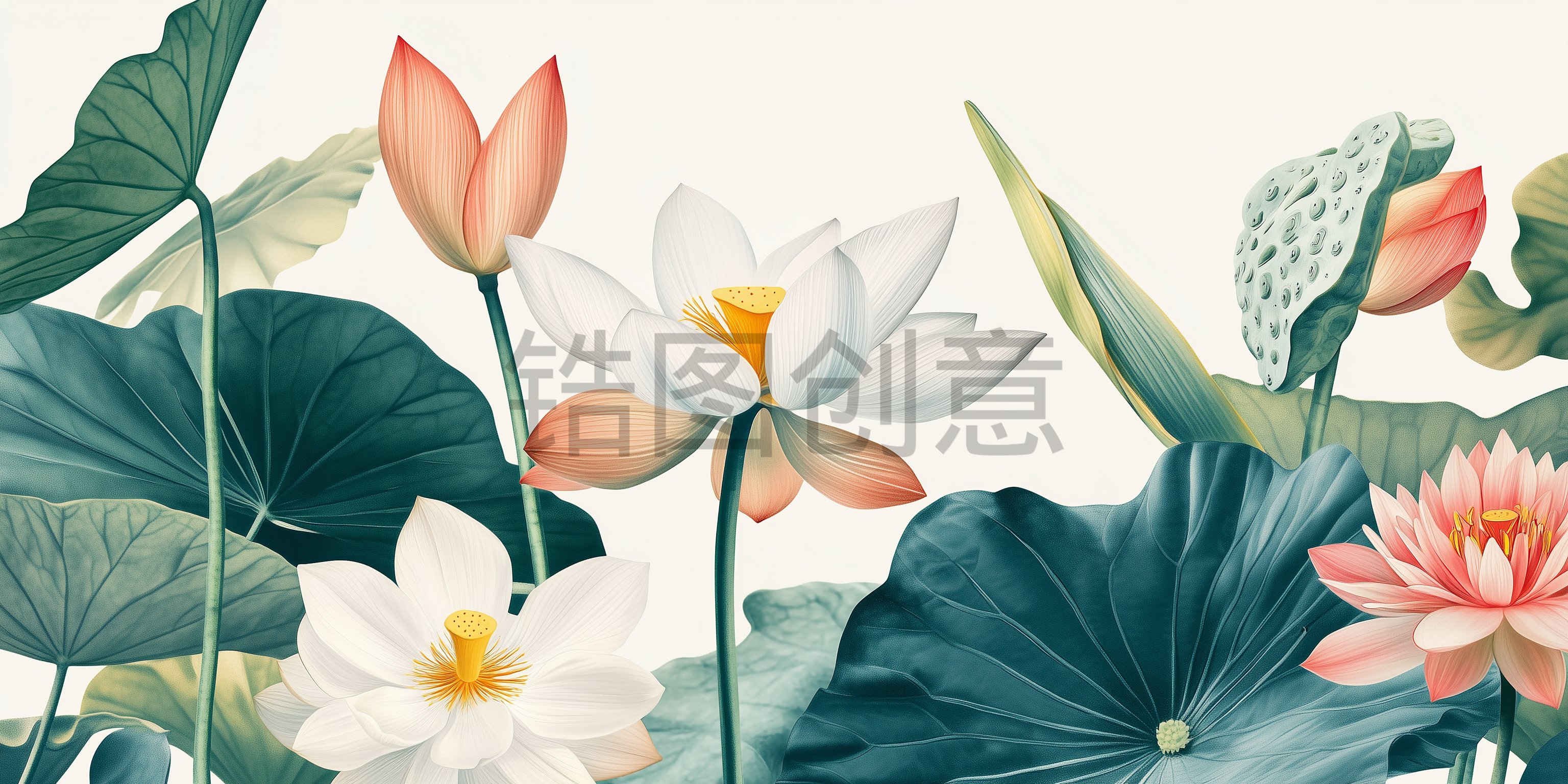 定设网-植物荷花荷叶绽放场景写实插画背景